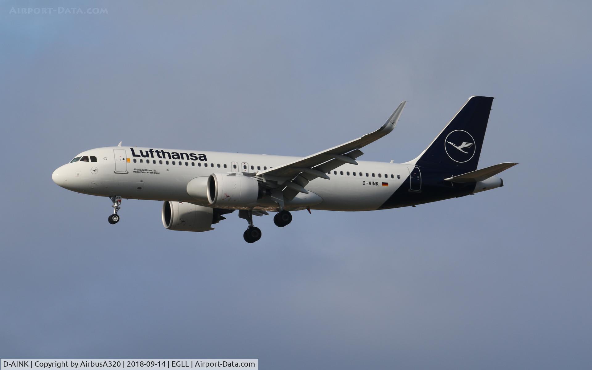 D-AINK, 2018 Airbus A320-271NEO C/N 8249, Ariving at LHR
New Lufthansa livery