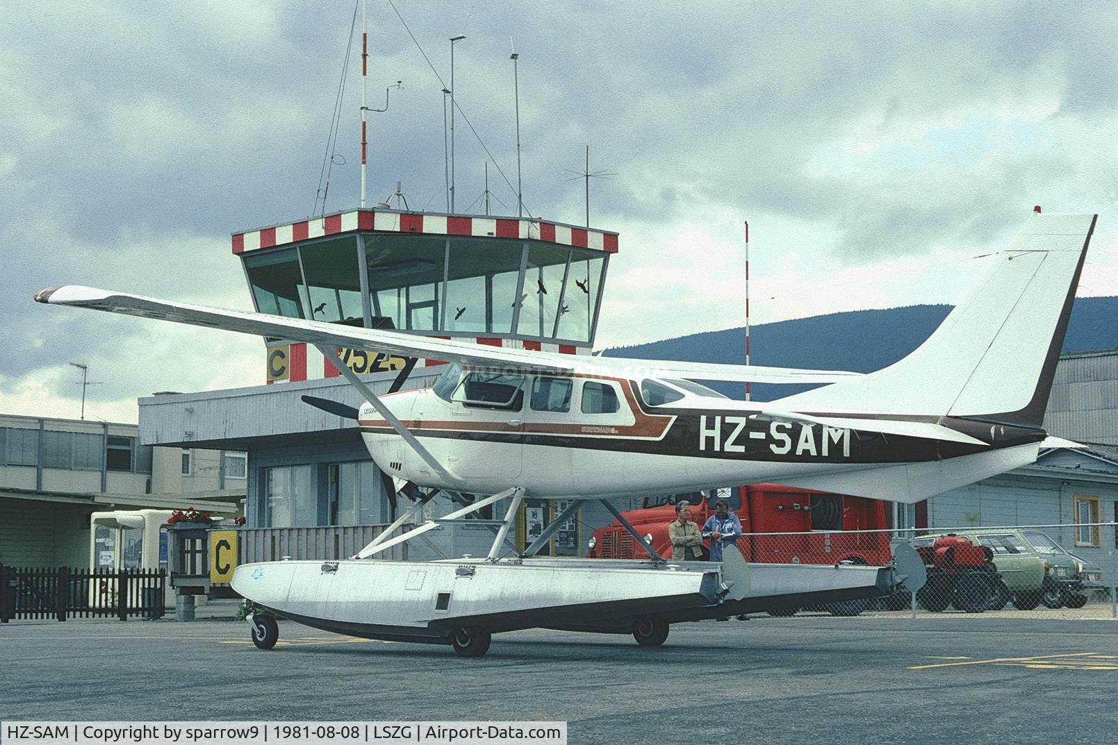 HZ-SAM, 1977 Cessna U206G Stationair C/N U20604128, At Grenchen in old paint-scheme. The old airport-building behind.