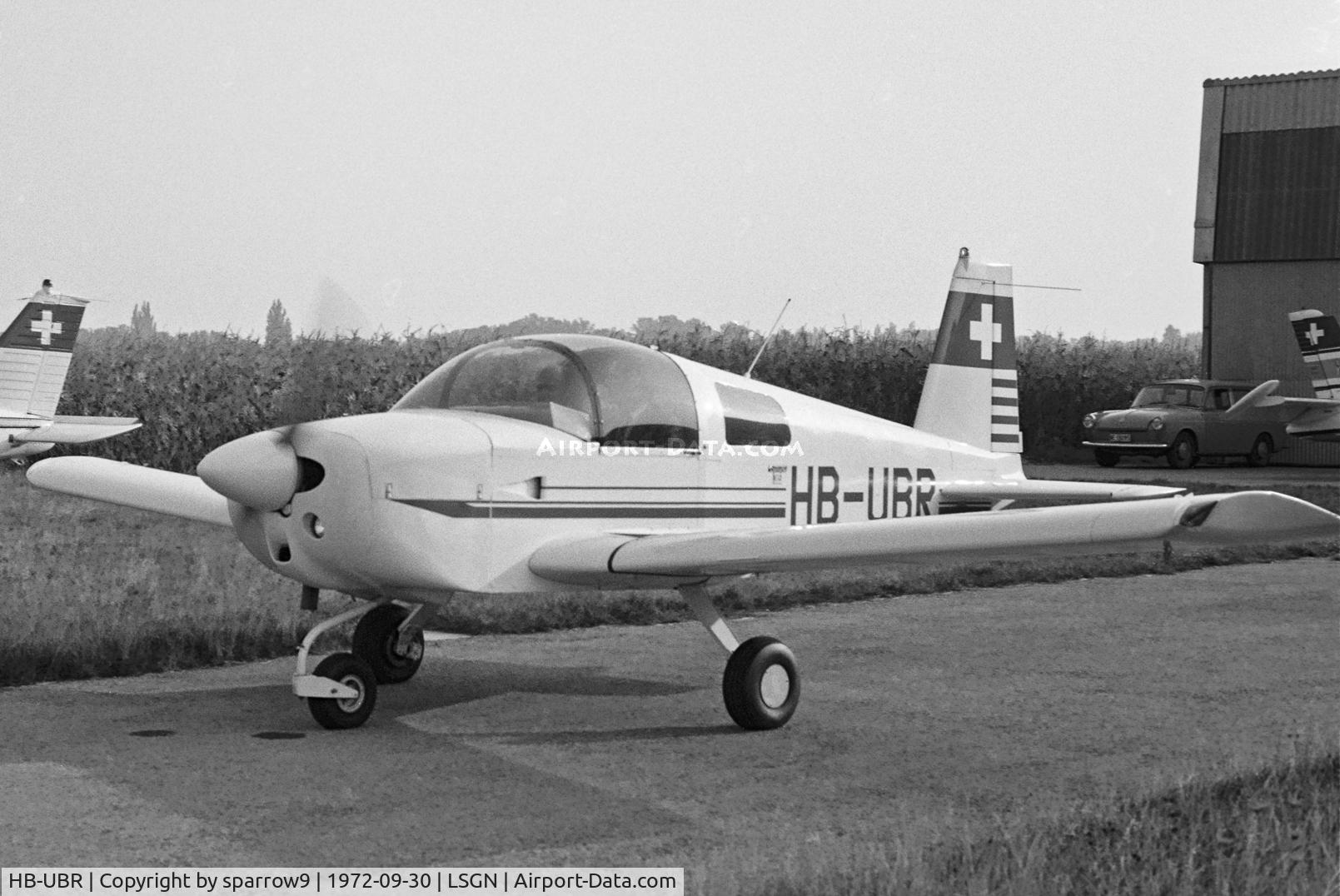 HB-UBR, 1971 American Aviation AA-1A Trainer Trainer C/N AA1A-0168, At Neuchatel airfield. Scanned from b+w-negative.