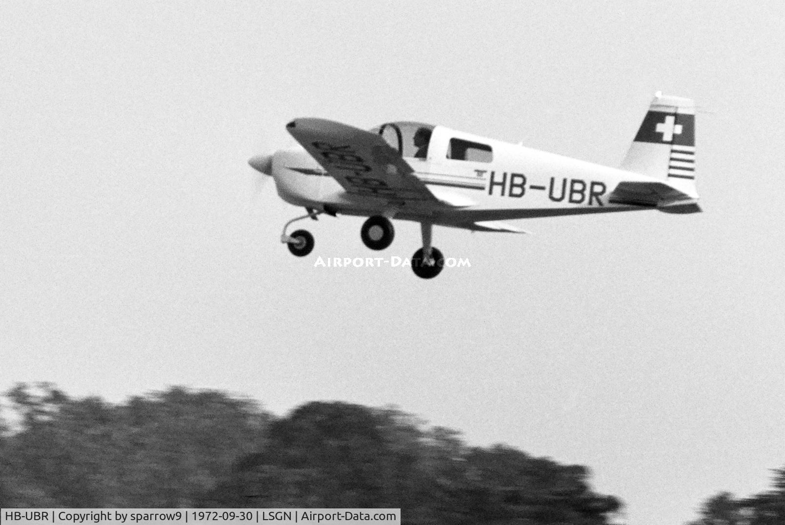 HB-UBR, 1971 American Aviation AA-1A Trainer Trainer C/N AA1A-0168, At Neuchatel airfield. Scanned from b+w-negative.