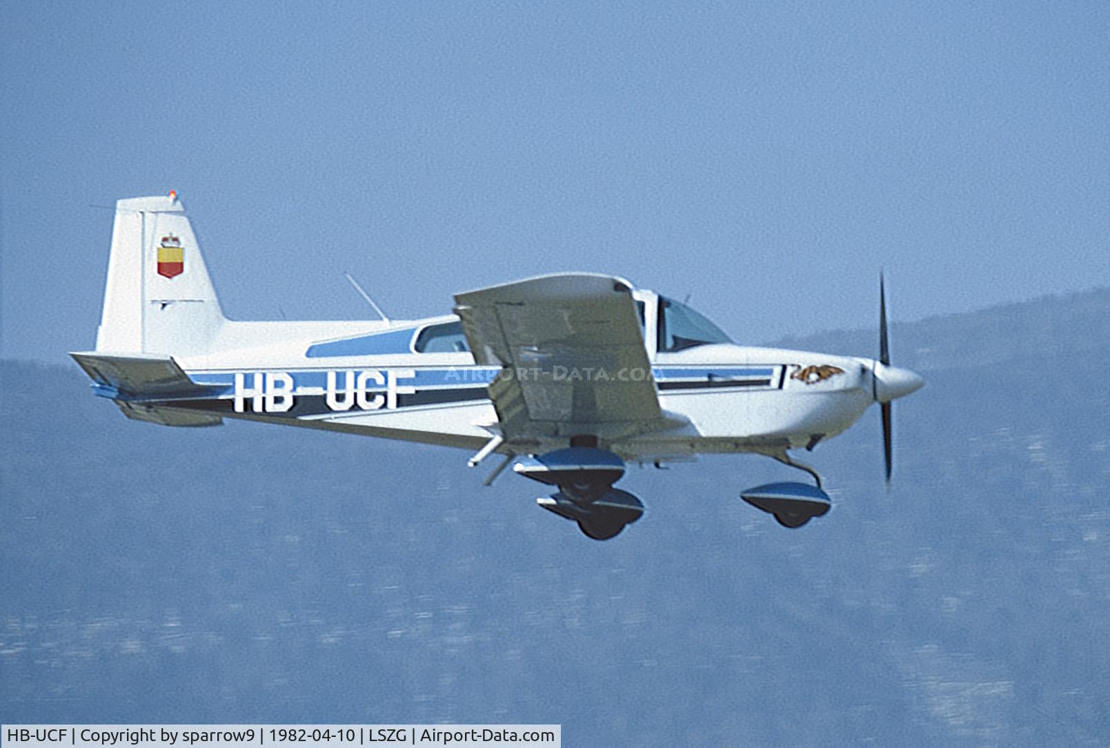 HB-UCF, 1975 Grumman American AA-5B Tiger Tiger C/N AA5B-0170, Landing runway 05 Grenchen. Scanned from a slide.