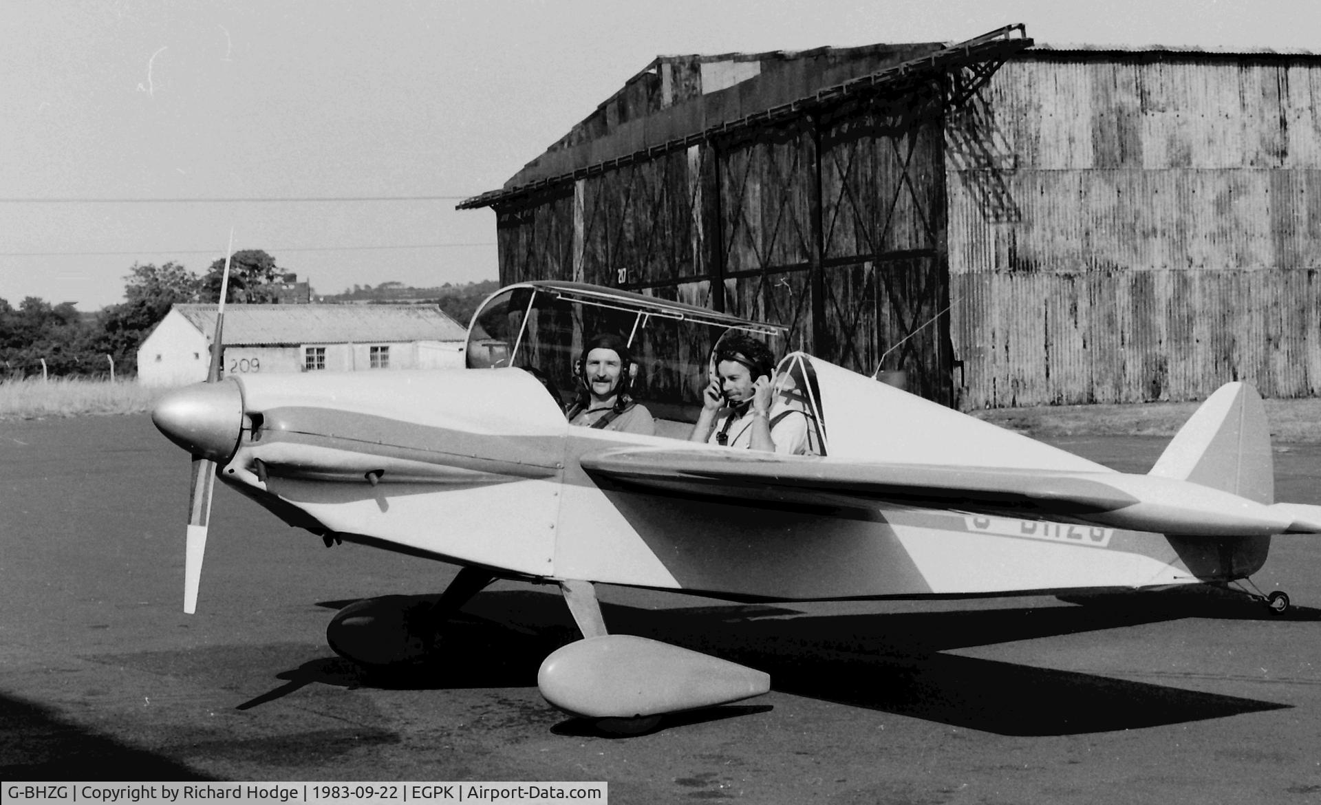 G-BHZG, 1981 Monnett Sonerai II C/N PFA 015-10278, At Prestwick North Side in September 1983. Me in the front seat and Pilot is Martin Burns, friend of builder/owner Bob Gardiner.