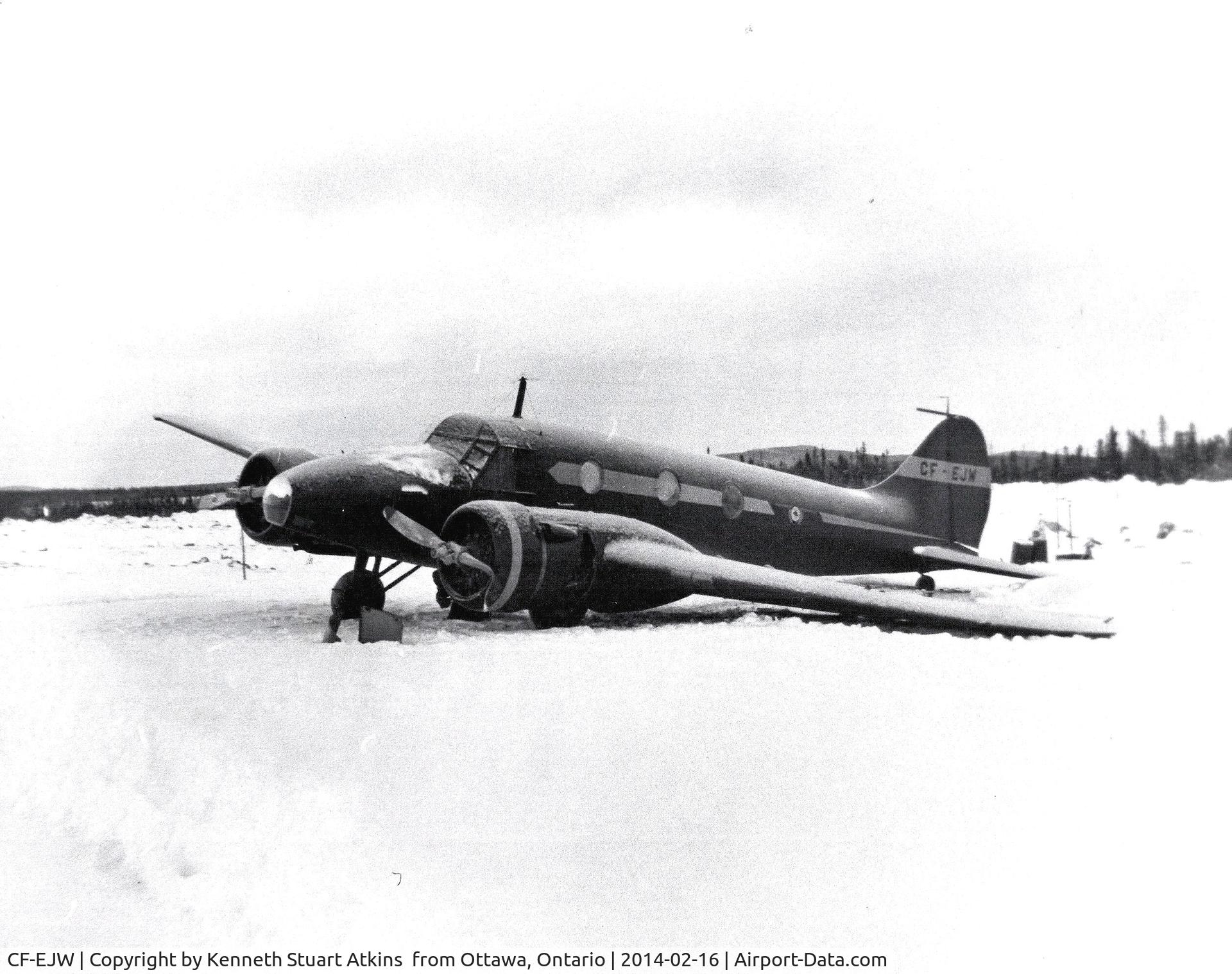 CF-EJW, Avro 652A Anson Mk.V C/N ??, Aircraft had collapsed port oleo strut upon readying to taxi for take off from Lake Eon, in Northern Quebec, Winter, 1954. Pilot , and two passengers, (one my dad) had to wait for fly-in of another aircraft to pick them up.