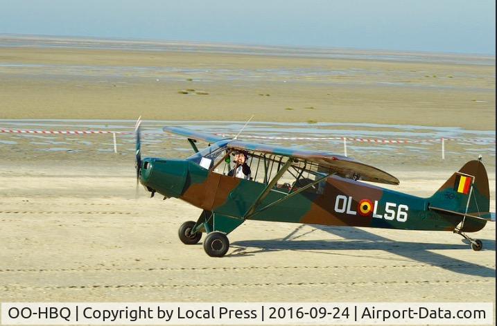 OO-HBQ, Piper L-18C Super Cub (PA-18-95) C/N 18-3130, Landing on the temporary sand runway on Le Crotoy Beach together with 29 other aircraft. 2016/09/24 Piper Club de France. Remembrance meeting Battle of the Somme 14/18.