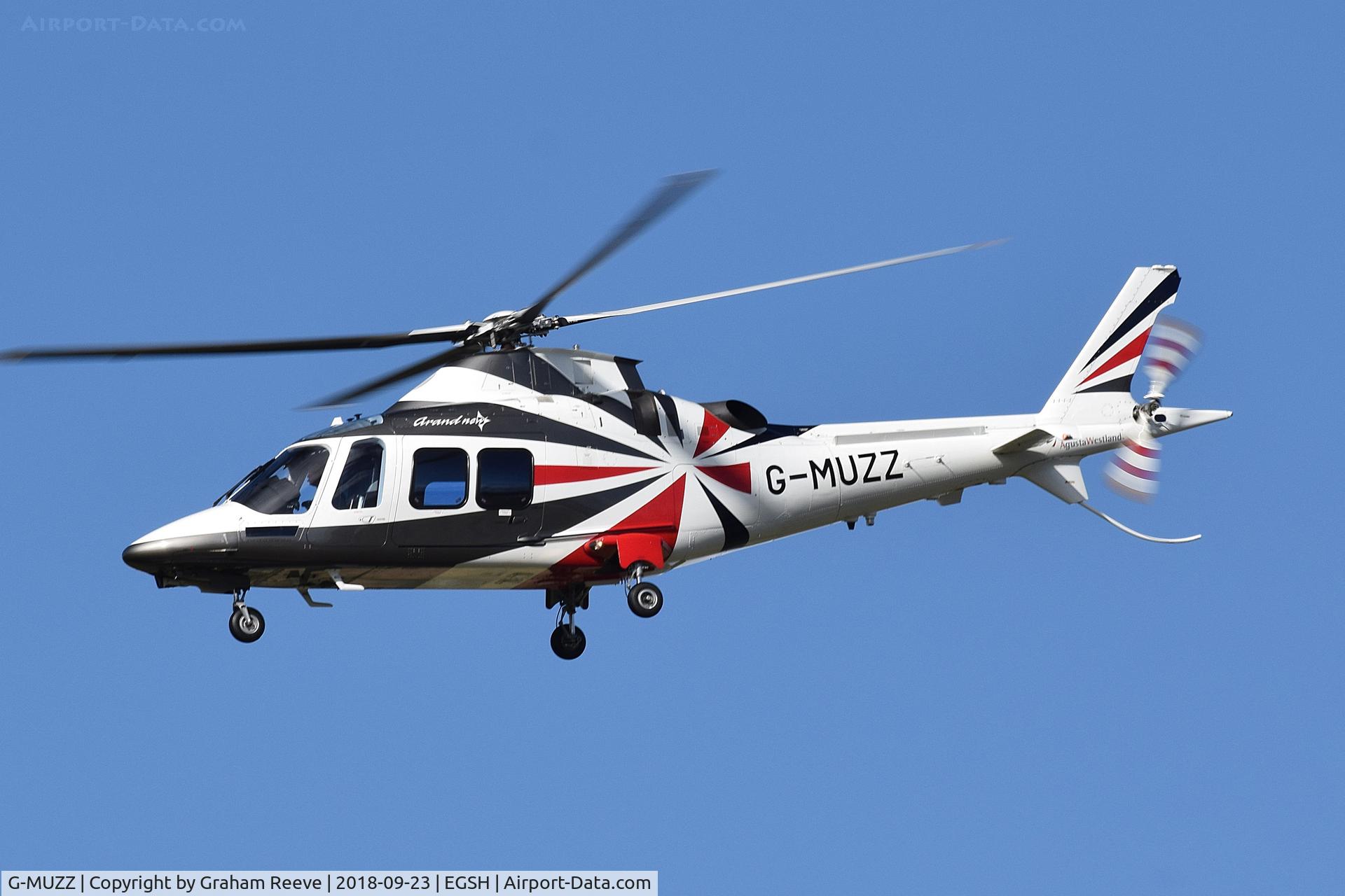 G-MUZZ, 2013 AgustaWestland AW-109SP GrandNew C/N 22325, Departing from Norwich.