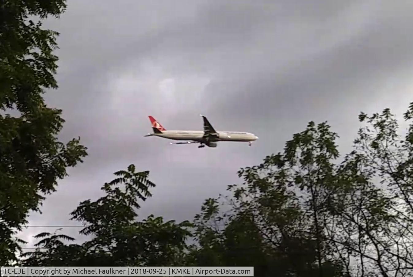 TC-LJE, 2015 Boeing 777-3F2/ER C/N 44126, Unusual visitor diverted to Milwaukee General Mitchell. Snap taken from video.