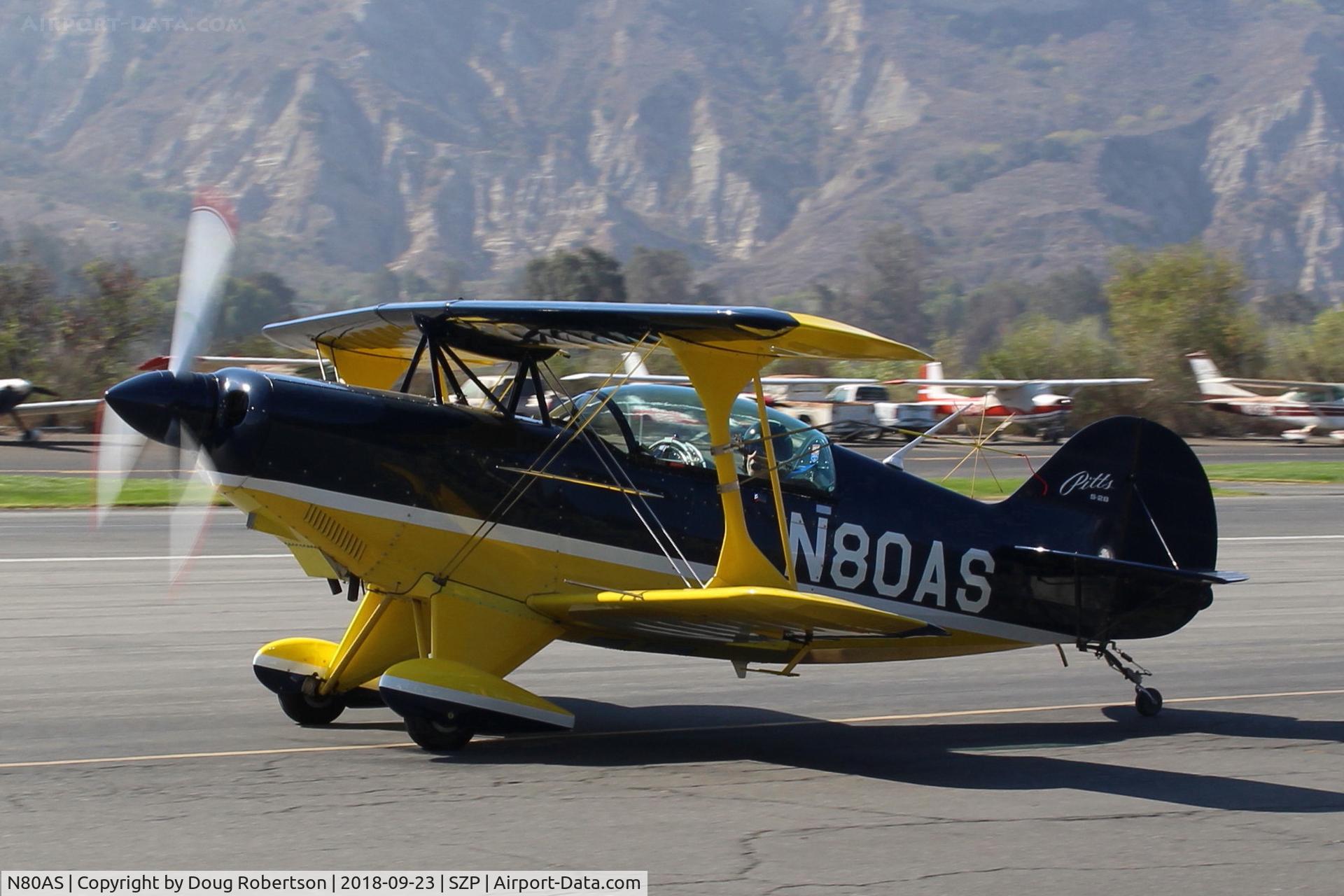 N80AS, 1992 Pitts S-2B Special C/N 5244, 1992 Pitts Aerobatics S-2B SPECIAL, Lycoming AEIO-540-D4A5 260 Hp, S-turns taxi back. No longer co-owned by CP Aviation.