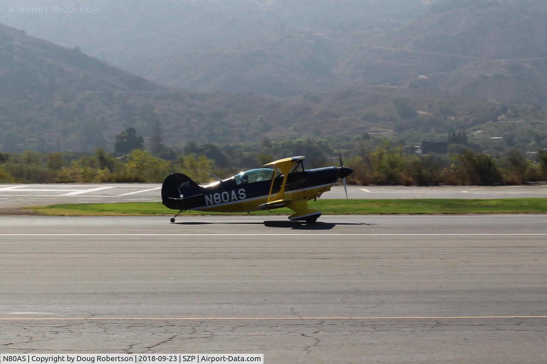 N80AS, 1992 Pitts S-2B Special C/N 5244, 1992 Pitts Aerobatics S-2B SPECIAL, Lycoming AEIO-540-D4A5 260 Hp, landing roll Rwy 22. This is a production fully aerobatic biplane aircraft.