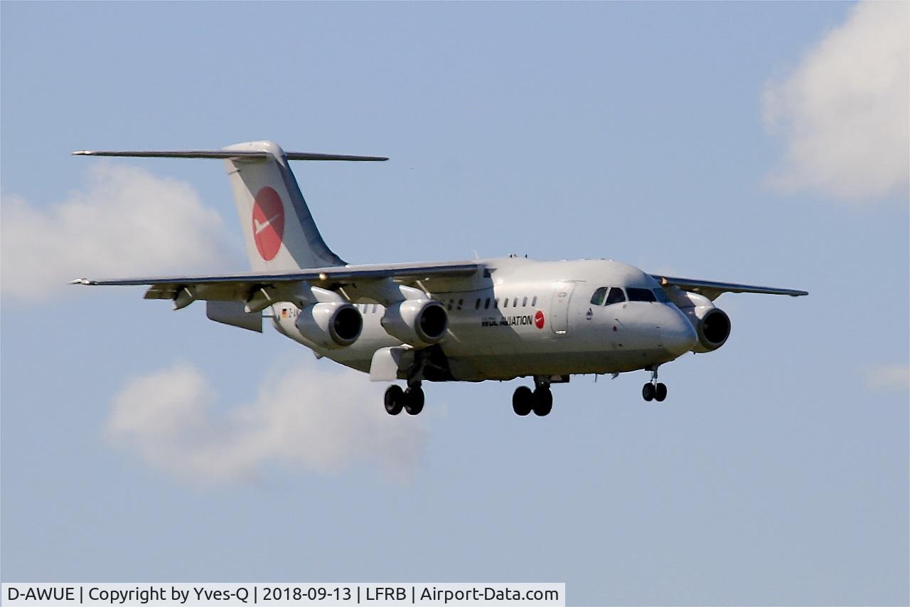 D-AWUE, 1986 British Aerospace BAe.146-200 C/N E2050, British Aerospace BAe.146-200, On final rwy 07R, Brest-Bretagne airport (LFRB-BES)