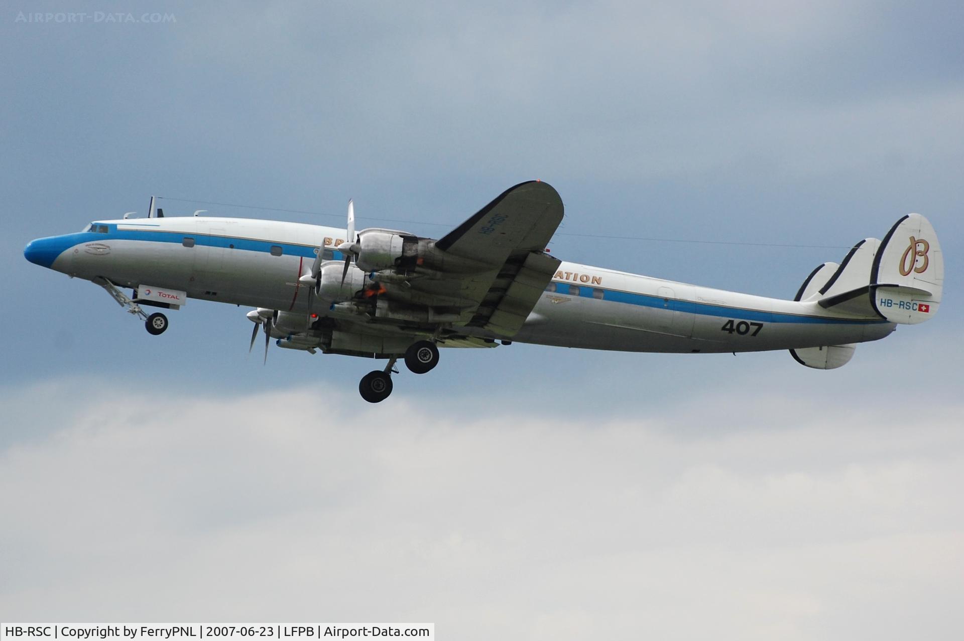 HB-RSC, 1955 Lockheed C-121C Super Constellation (L-1049F) C/N 1049F-4175, Lockheed L-1049 Super Constellation taking off. Note the flames coming out of  engine no.3