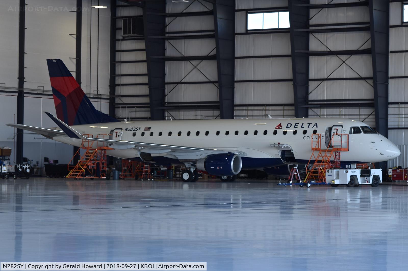 N282SY, 2018 Embraer 175LR (ERJ-170-200LR) C/N 17000747, In the Skywest Maintenance hangar for final checks. Fresh from the factory in South America. Owned by Skywest Airlines, but flown under Delta colors.