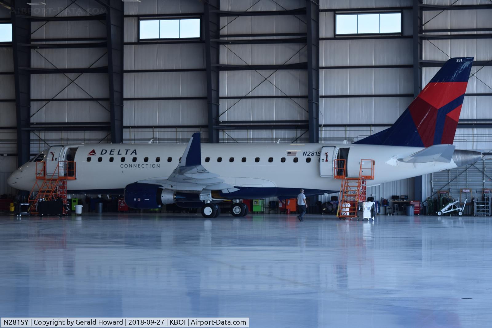 N281SY, 2018 Embraer 175LR (ERJ-170-200LR) C/N 17000746, In the Skywest Maintenance hangar for final checks. Fresh from the factory in South America. Owned by Skywest Airlines, but flown under Delta colors.