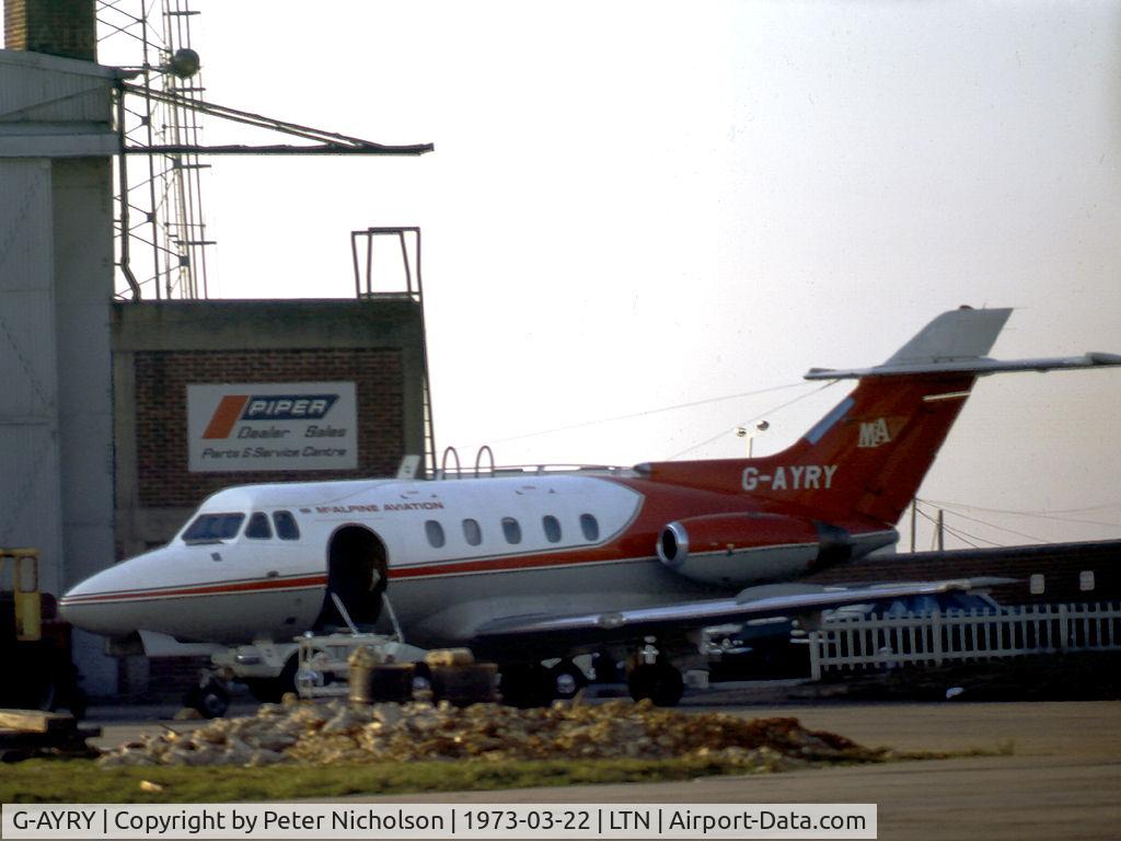 G-AYRY, 1966 Hawker Siddeley HS.125 Series 1B/522 C/N 25105, McAlpine Aviation HS.125 as seen at Luton Airport in the Spring of 1973