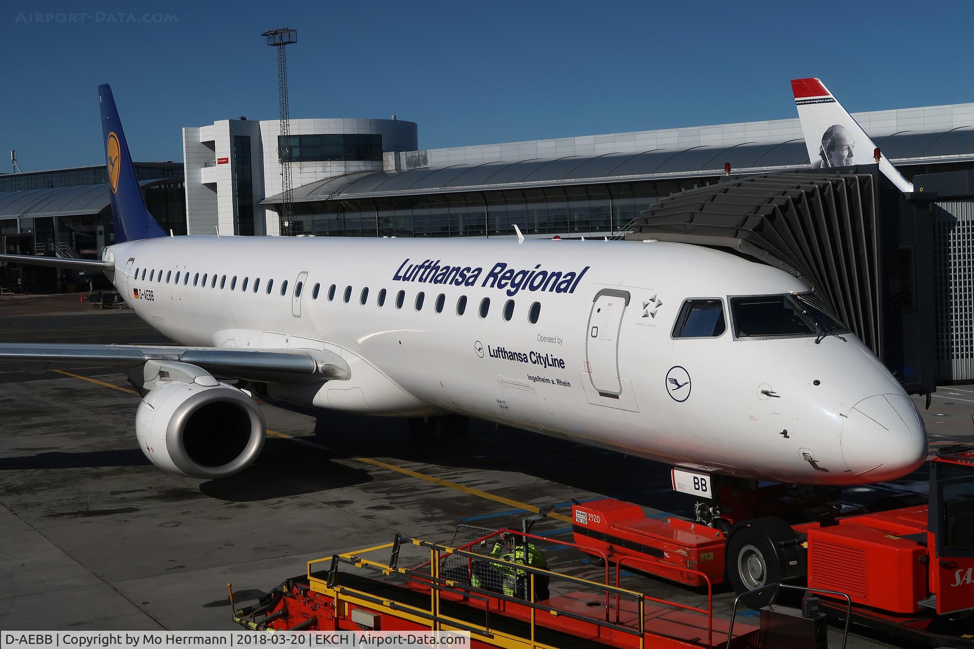 D-AEBB, 2009 Embraer 195LR (ERJ-190-200LR) C/N 19000316, at the gate at CPH