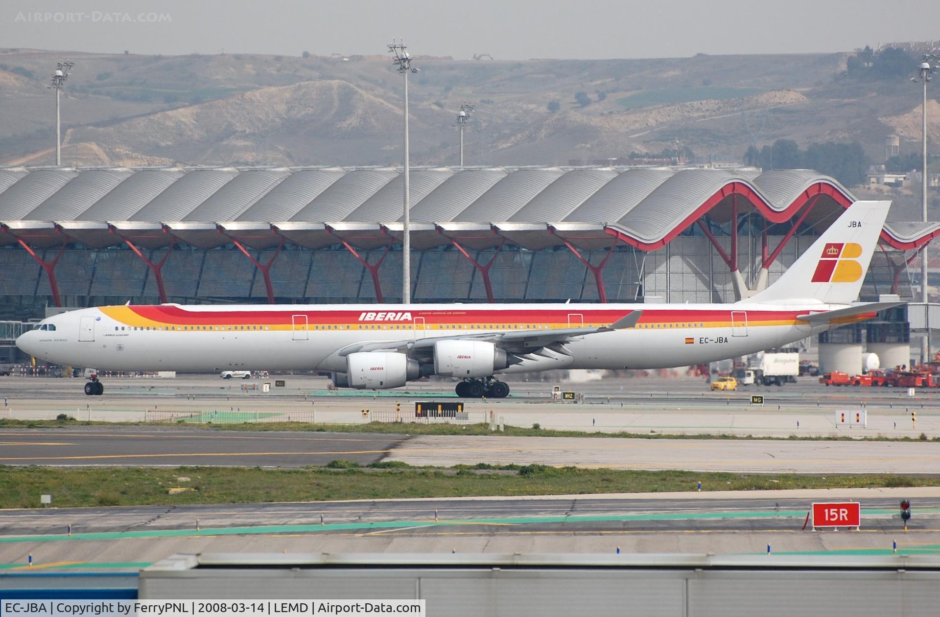 EC-JBA, 2004 Airbus A340-642 C/N 606, Iberia A346 taxying to its gate.