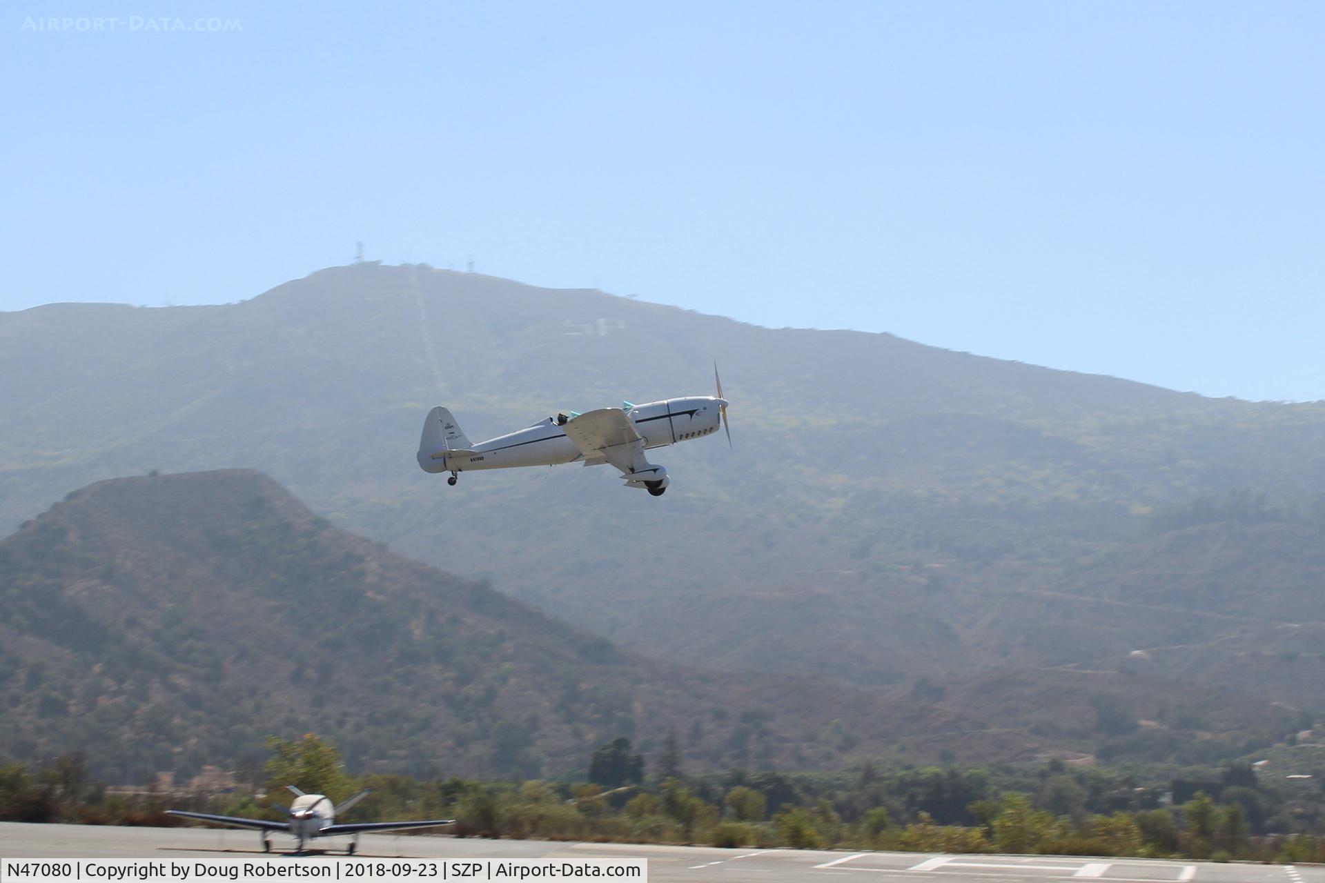 N47080, 1942 Ryan Aeronautical ST3KR C/N 1391, 1942 Ryan Aeronautical ST3KR 'Eileen', Fairchild RANGER 6-410 6 cylinder inverted inline 165 Hp, Experimental class conversion. Takeoff climb Rwy 22