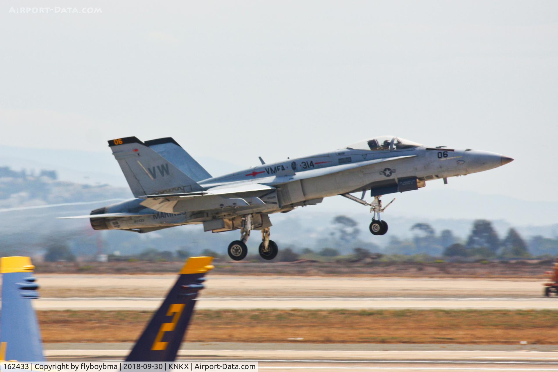 162433, McDonnell Douglas F/A-18A Hornet C/N 0276/A222, An F/A-18 from VMFA-314 departs KNKX for the 2018 Miramar Air Show MAGTF demonstration.