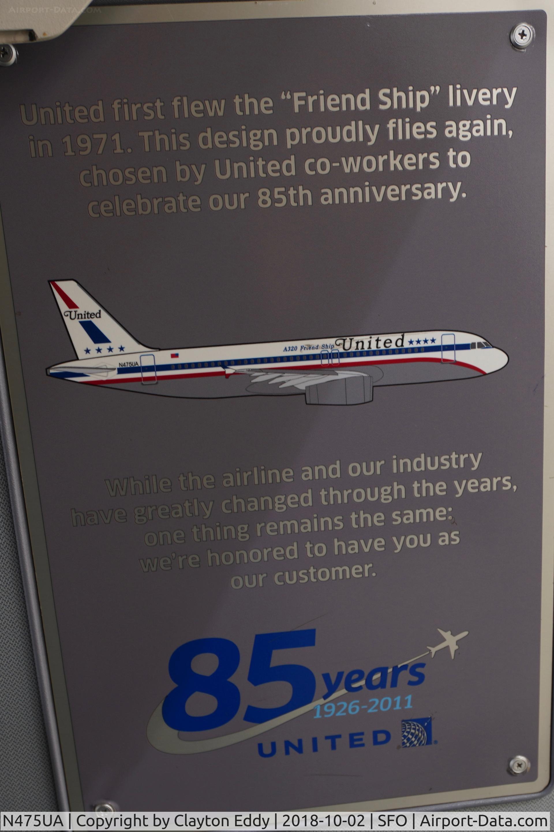 N475UA, 2001 Airbus A320-232 C/N 1495, Plague as you enter the aircraft. SFO 2018.