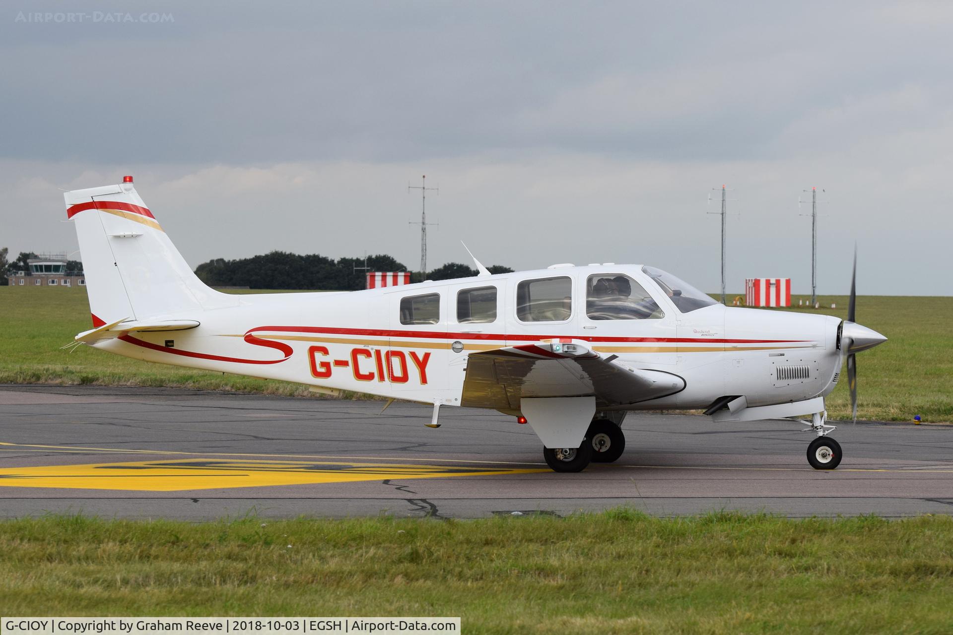 G-CIOY, 2009 Hawker Beechcraft G36 Bonanza C/N E-3888, Departing from Norwich.