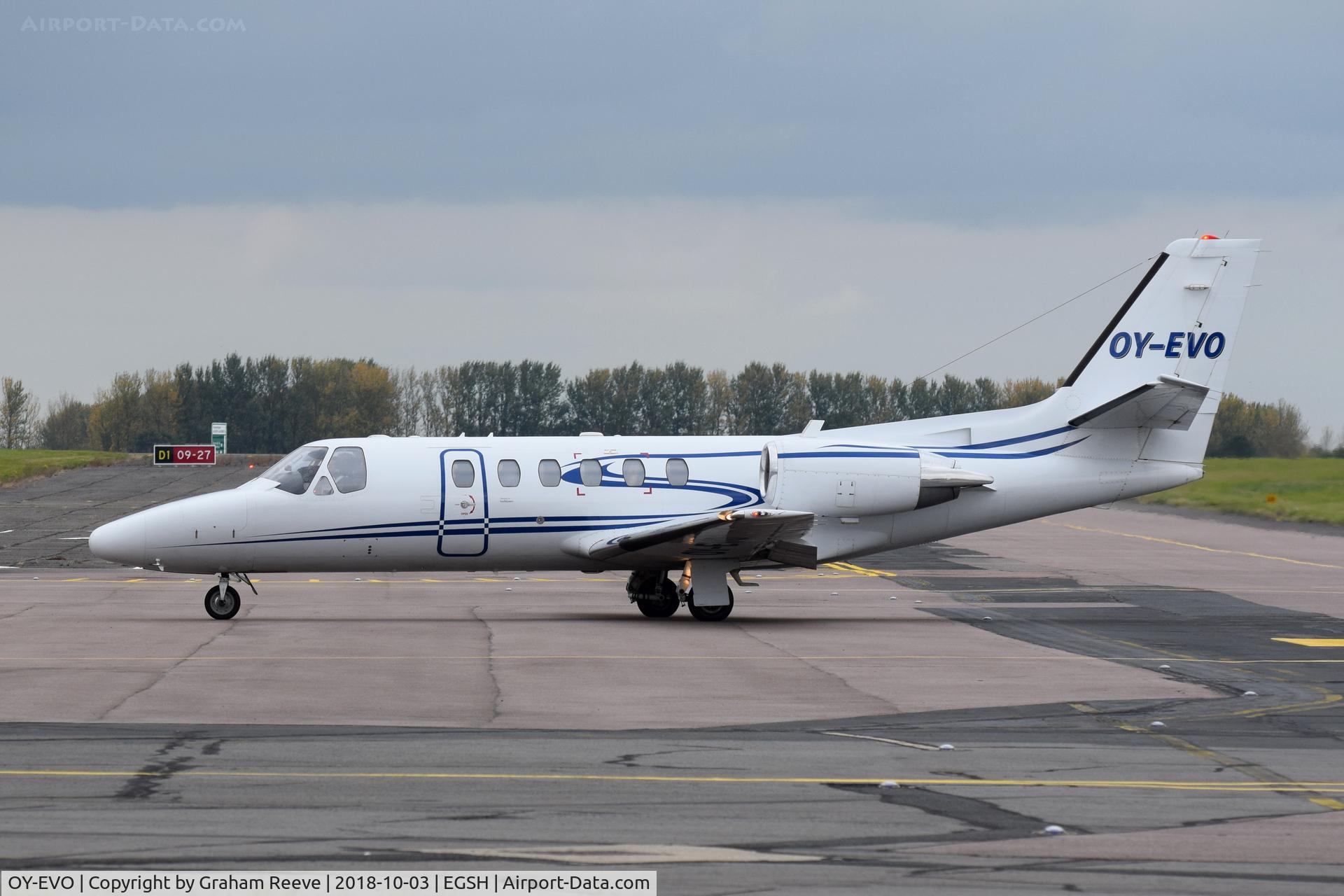 OY-EVO, 2003 Cessna 550 Citation Bravo C/N 550-1050, Just landed at Norwich.