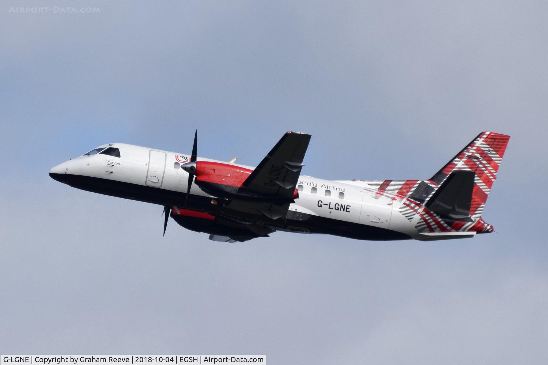 G-LGNE, 1989 Saab SF340B C/N 340B-172, Departing from Norwich.