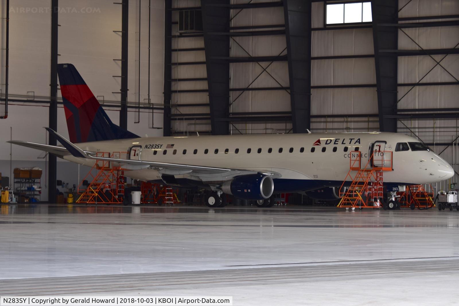 N283SY, 2018 Embraer 175LR (ERJ-170-200LR) C/N 17000748, Inside the Skywest Maintenance hangar receiving final checks before going into service. Fresh from the factory in South America.