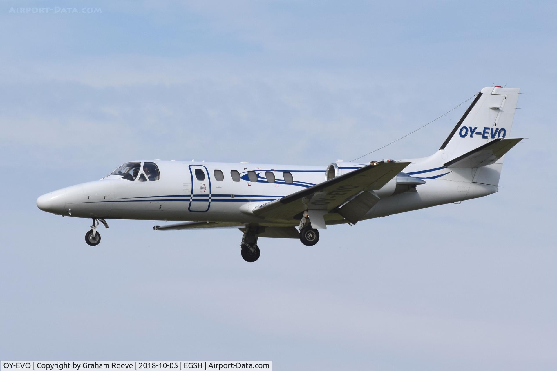 OY-EVO, 2003 Cessna 550 Citation Bravo C/N 550-1050, Landing at Norwich.