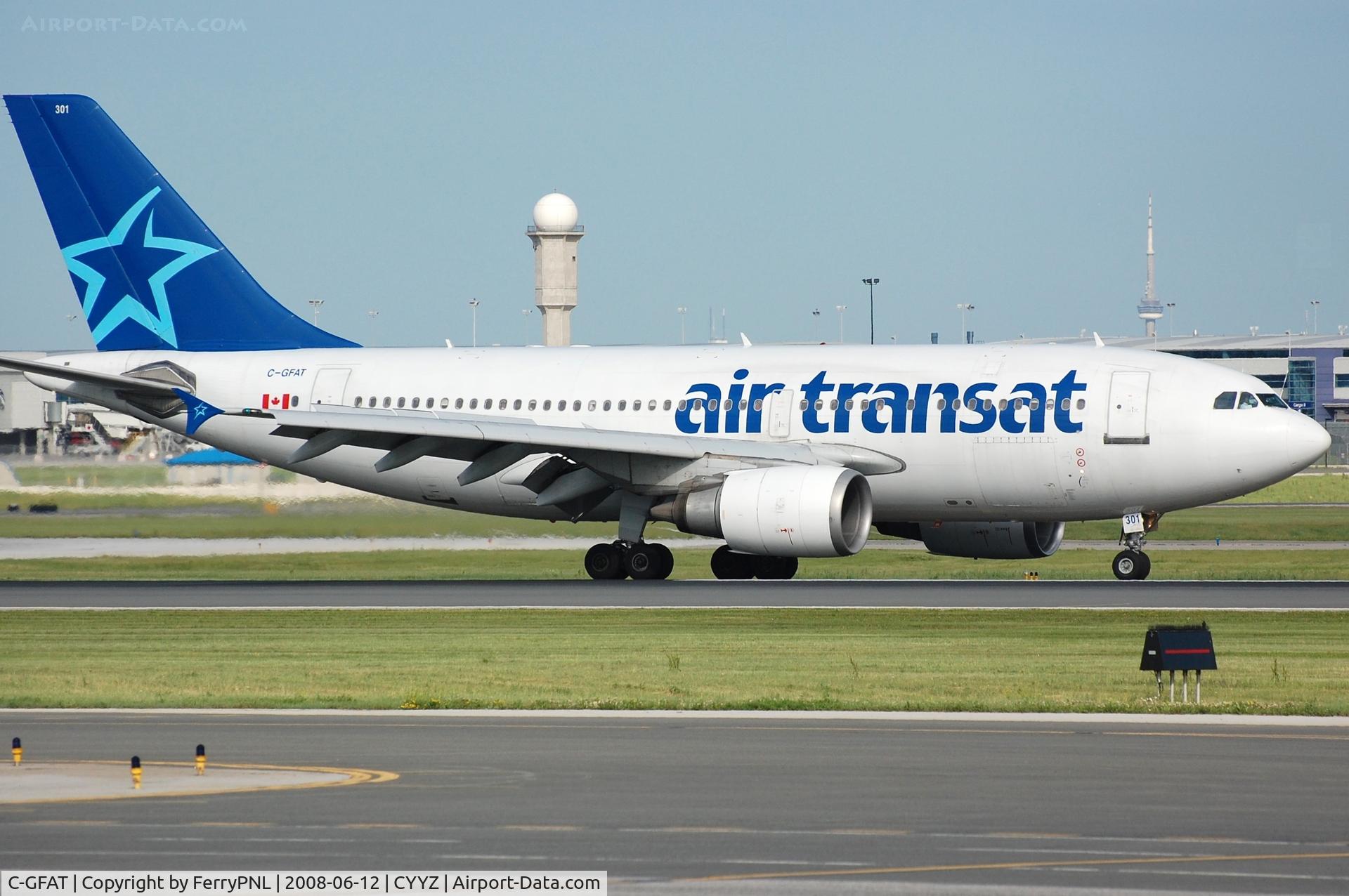 C-GFAT, 1990 Airbus A310-304 C/N 545, Former Emirates A310 landing in YYZ for Air Transat.
