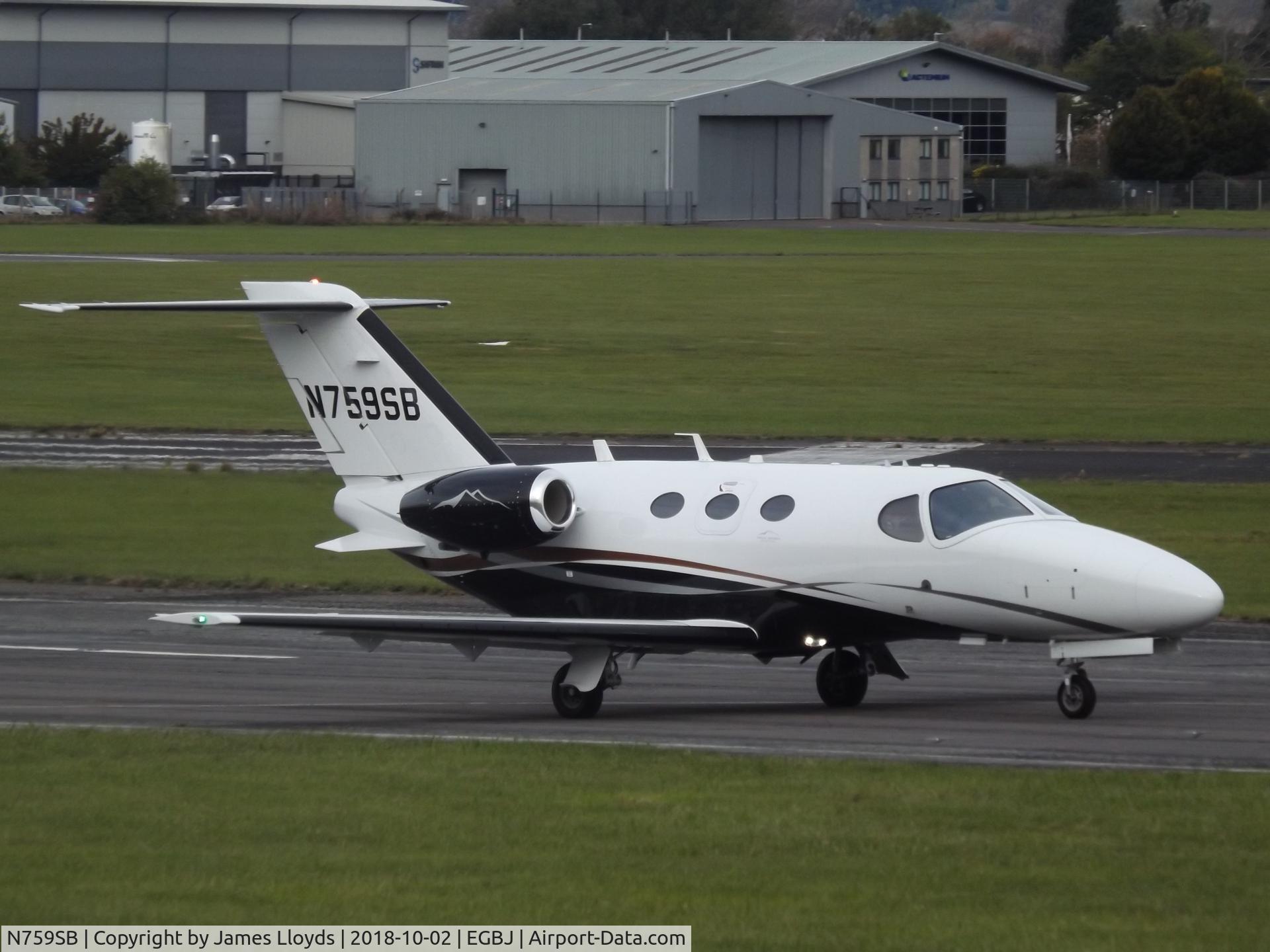 N759SB, 2012 Cessna 510 Citation Mustang Citation Mustang C/N 510-0403, Back tracking Runway 27 before taking off 27 At Gloucestershire Airport.