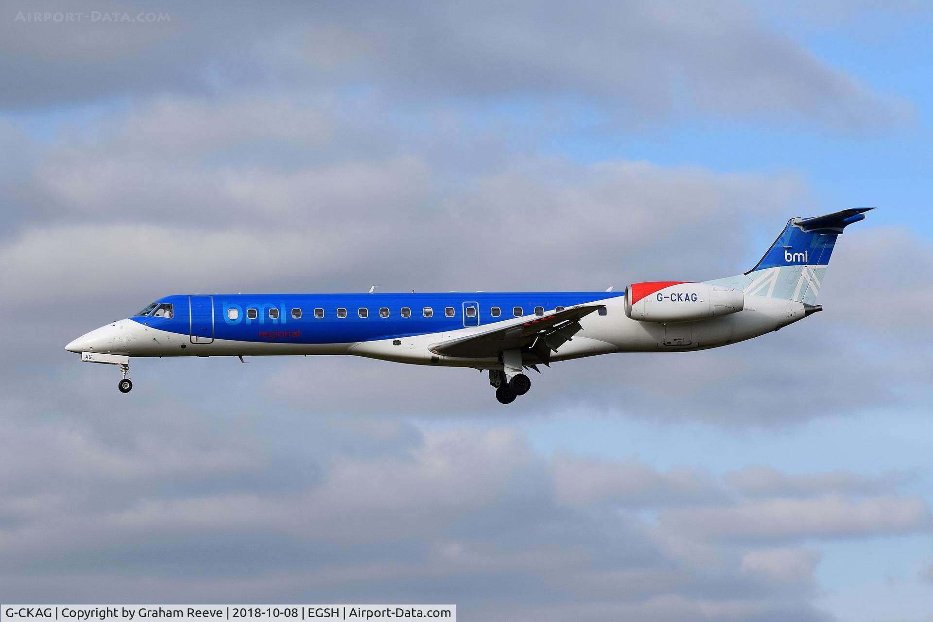 G-CKAG, 1999 Embraer ERJ-145EP (EMB-145EP) C/N 145118, Landing at Norwich.