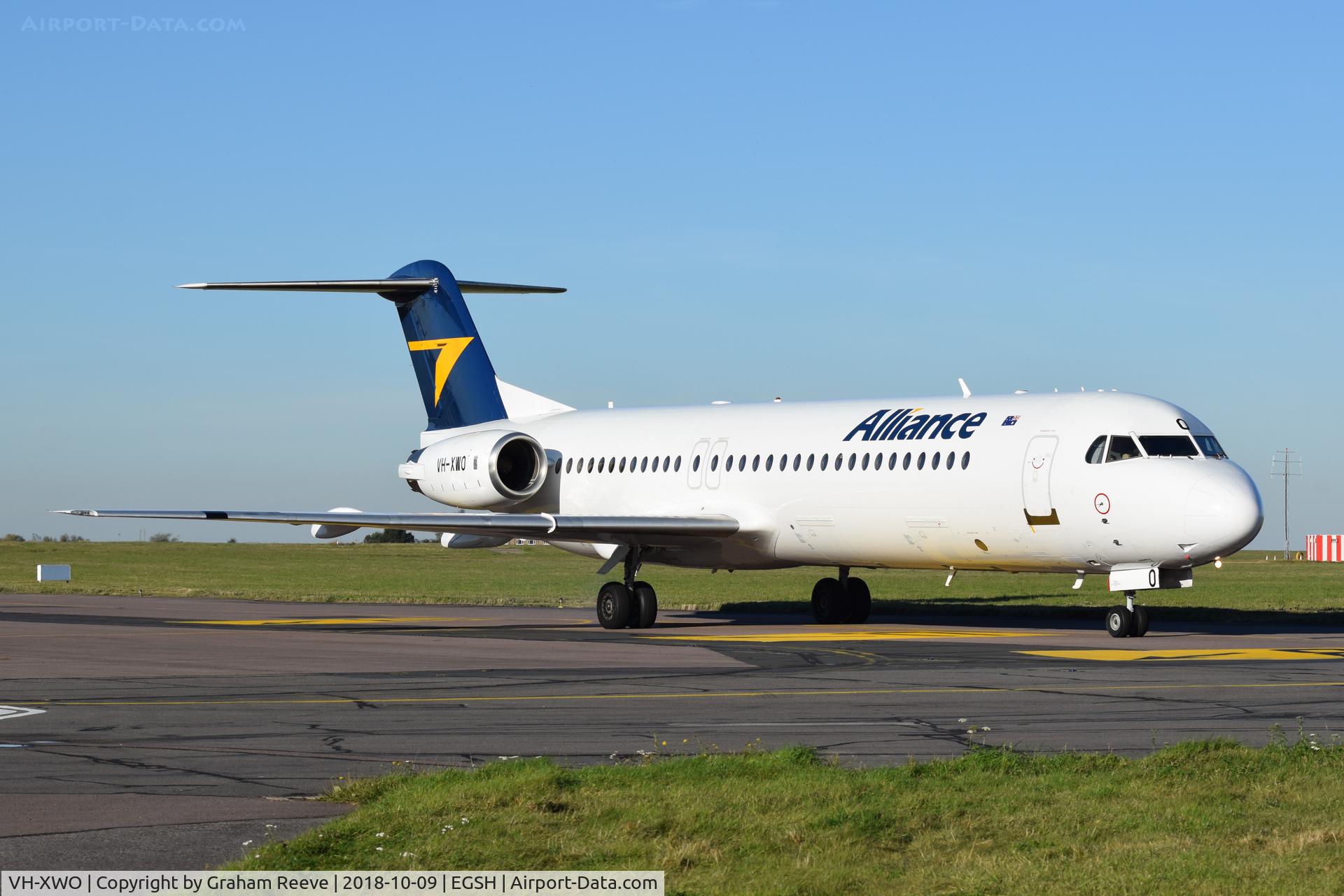 VH-XWO, 1989 Fokker 100 (F-28-0100) C/N 11280, Just landed at Norwich.