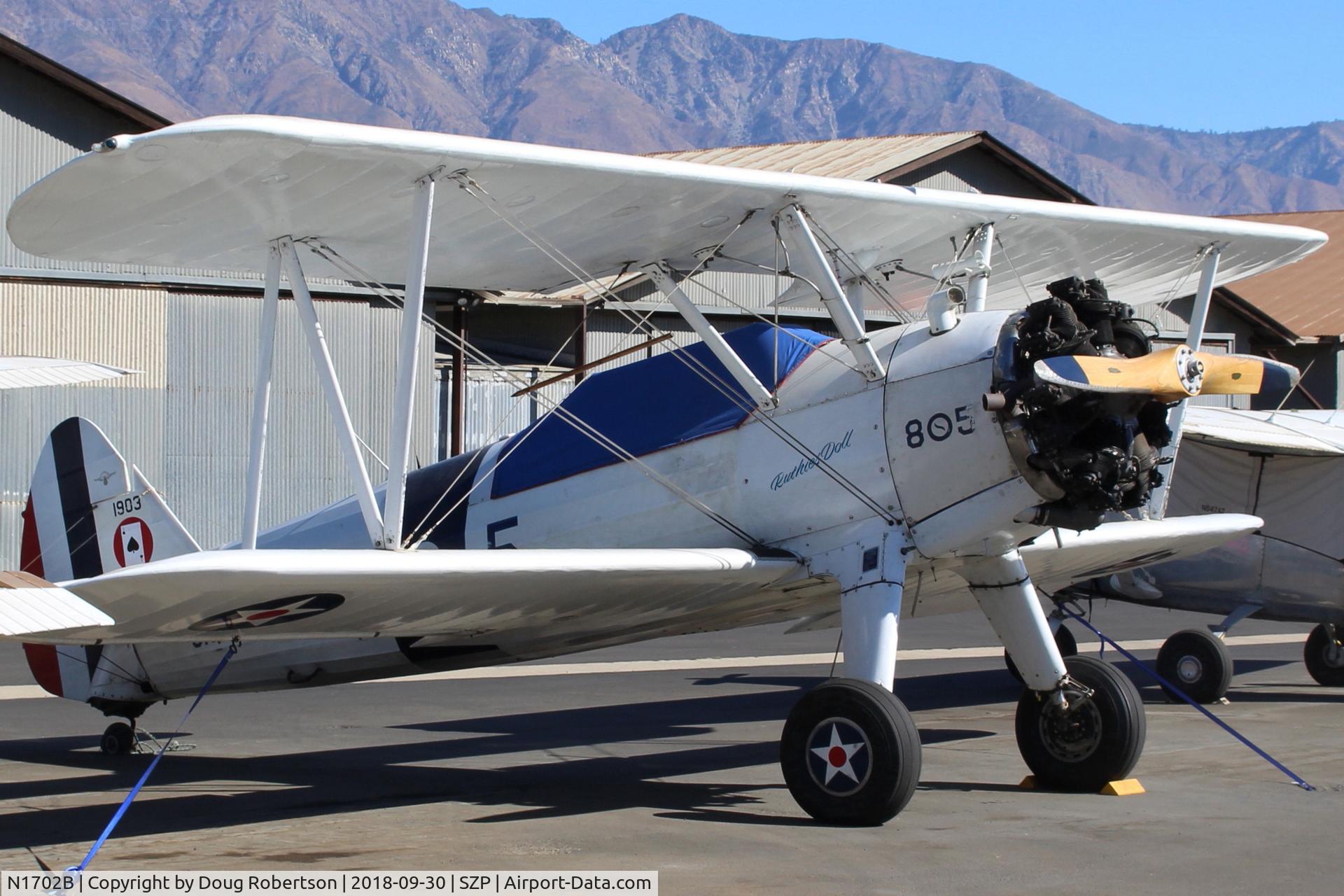 N1702B, 1942 Boeing PT-13D Kaydet (E75) C/N 75-5903, 1942 Boeing Stearman PT-13D 'Ruthies Doll', Continental W670 220 Hp