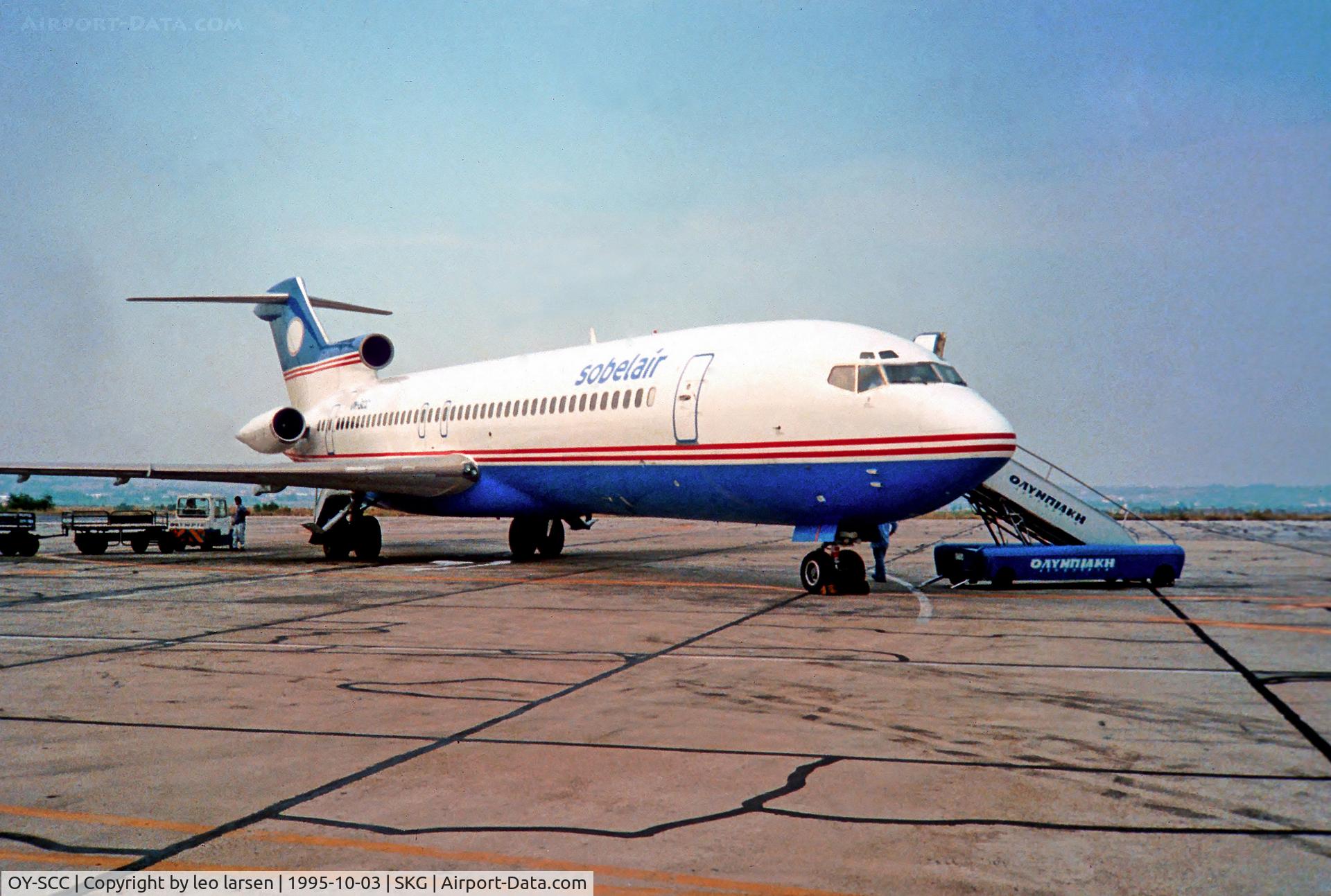 OY-SCC, 1979 Boeing 727-212 C/N 21945, SKG Thessaloniki Greece 3.10.1995 duing lease to Sobelair Belgium