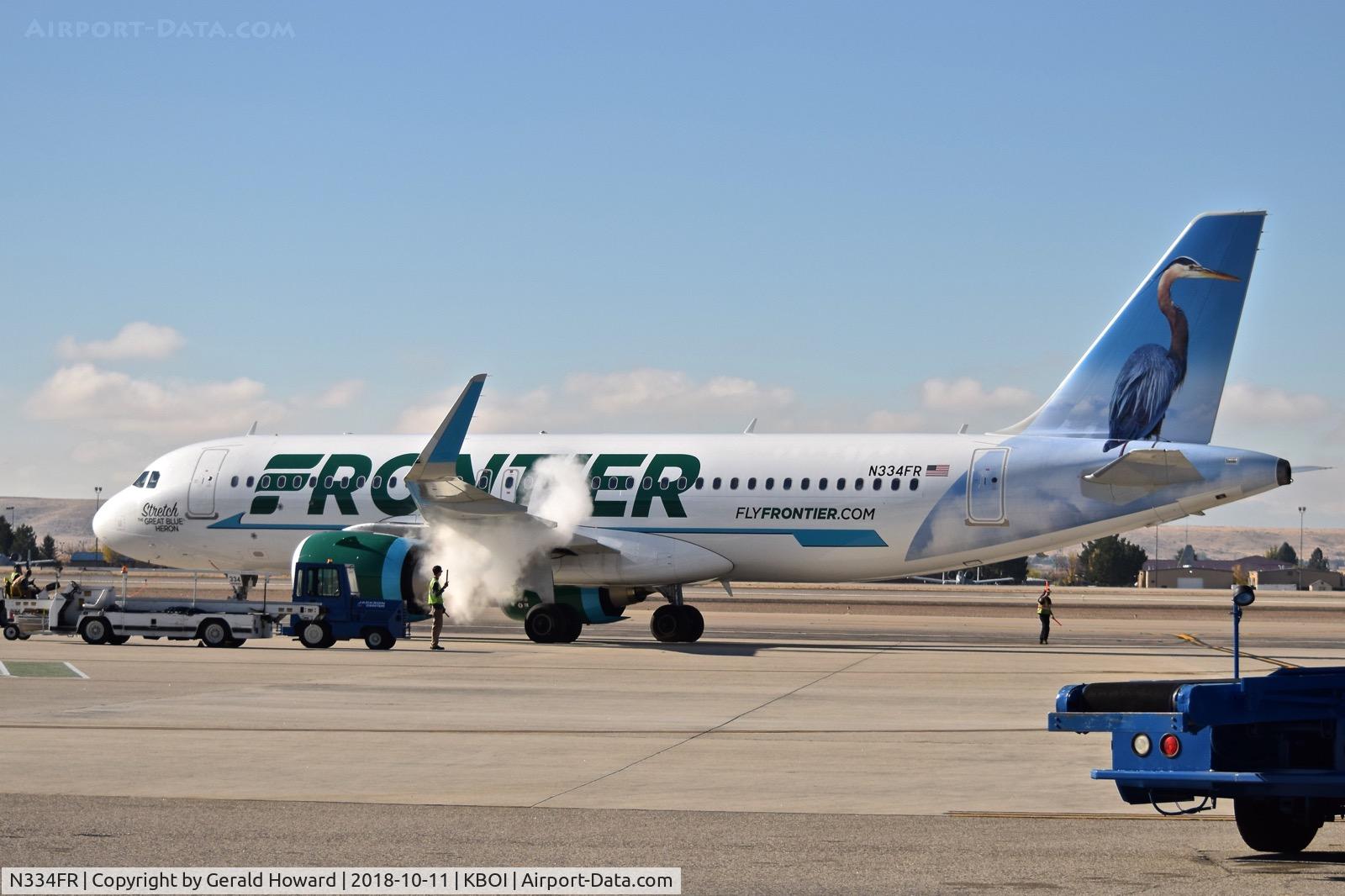 N334FR, 2018 Airbus A320-251N C/N 8306, Being pushed back from the gate and starting the port engine.