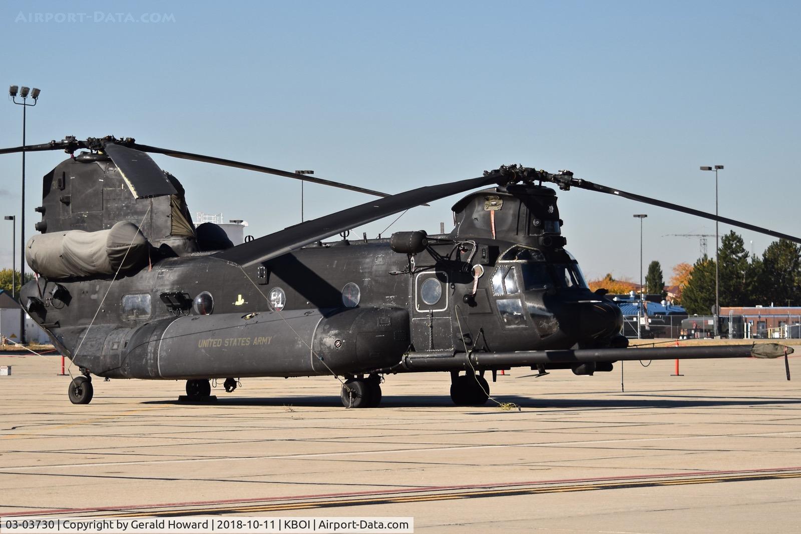 03-03730, 2003 Boeing MH-47G Chinook C/N M.3730, U.S. Army 160th Special Operations Aviation Regiment (SOAR), “Night Stalkers” 4th BN, Joint Base Lewis-McChord, WA parked on the Idaho ANG ramp.