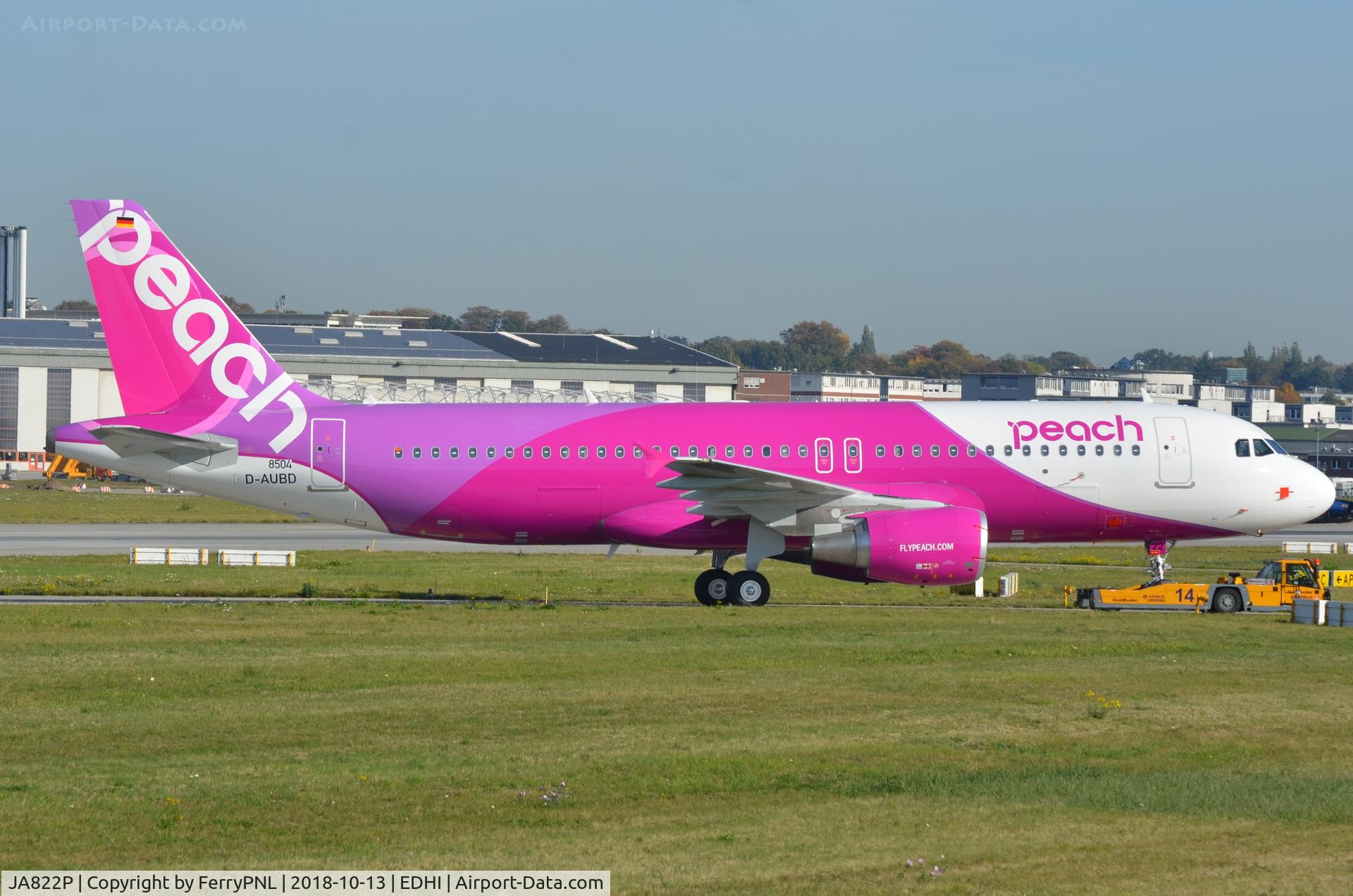 JA822P, 2018 Airbus A320-214 C/N 8504, Peach A320 under tow to the customer delivery center. German test reg D-AUBD taped over JA822P.