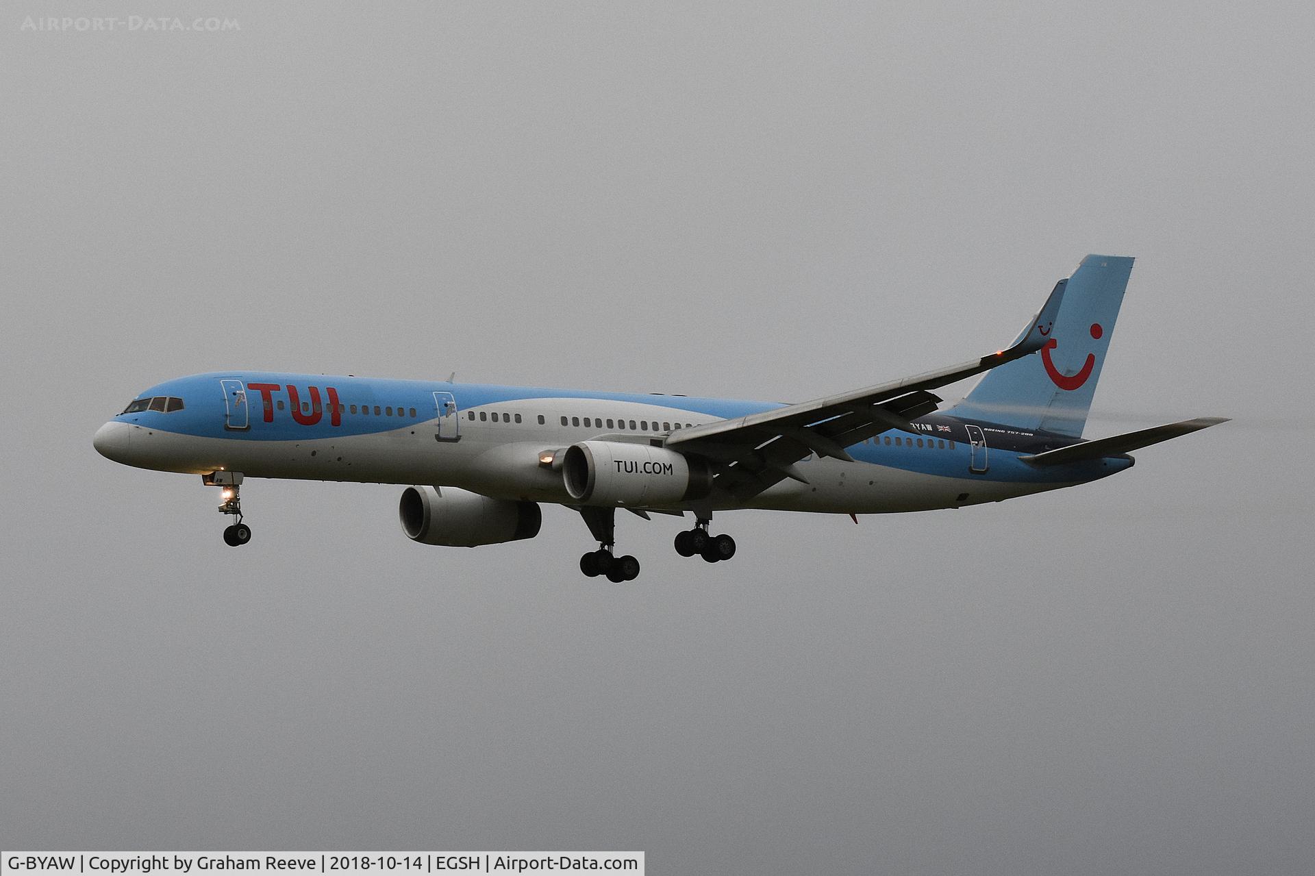G-BYAW, 1995 Boeing 757-204 C/N 27234, Landing in heavy rain, late in the afternoon.