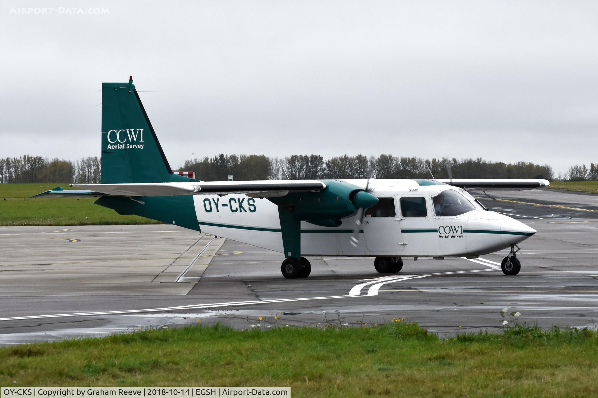 OY-CKS, 1976 Britten-Norman BN-2A-21 Islander C/N 553, Departing from Norwich.