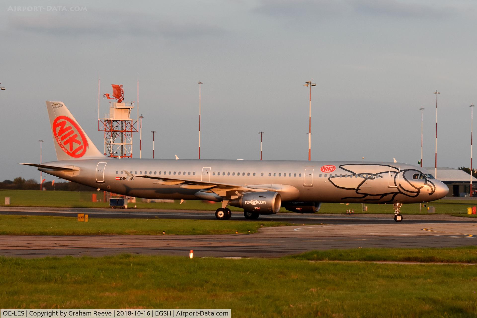 OE-LES, 2008 Airbus A321-211 C/N 3504, Just landed at Norwich in the late afternoon.