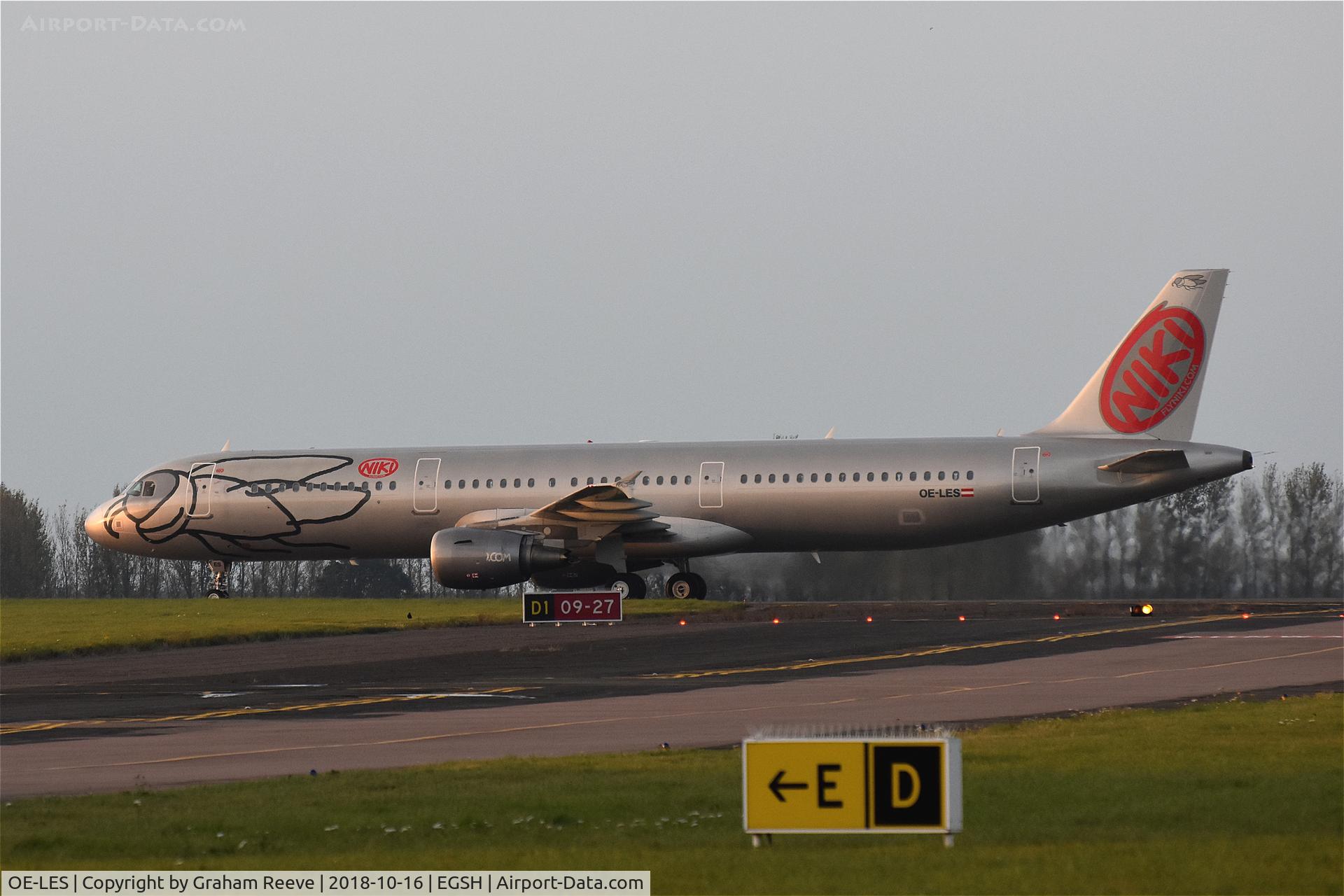 OE-LES, 2008 Airbus A321-211 C/N 3504, Just landed at Norwich.