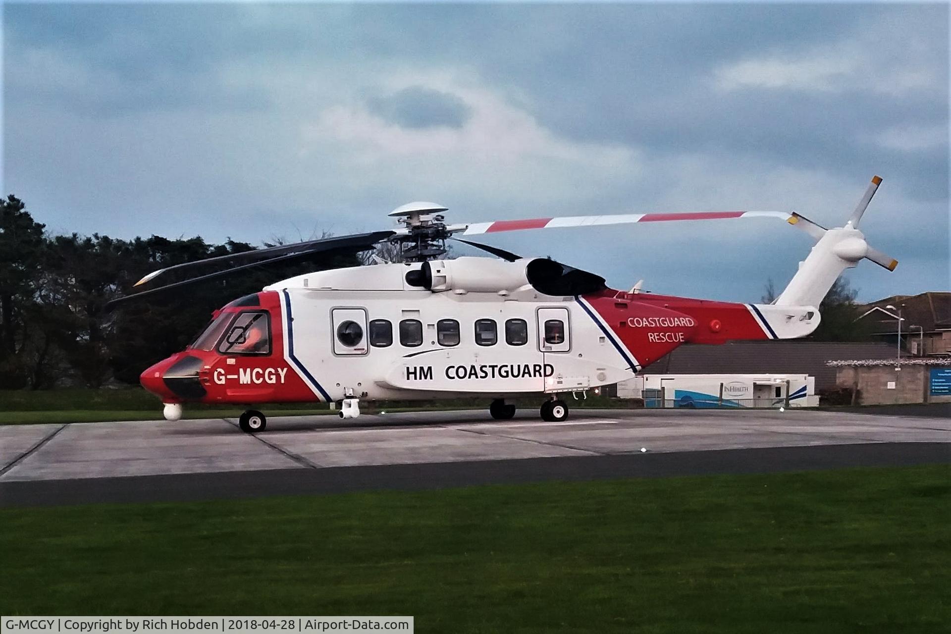 G-MCGY, 2014 Sikorsky S-92A C/N 920257, RESCUE924 on the pad at Royal Cornwall Hospital (Treliske)