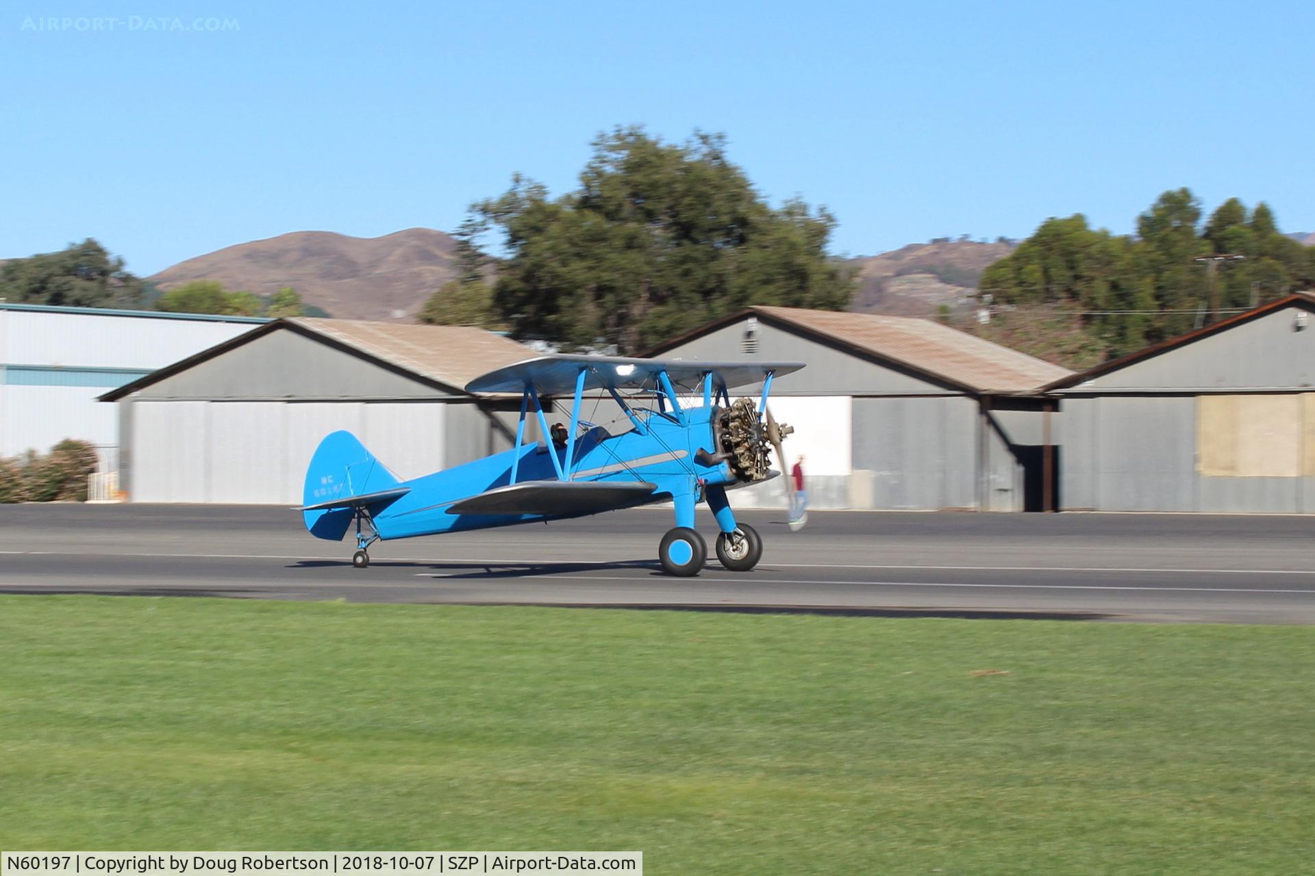 N60197, 1942 Boeing A75 C/N 75-3527, 1942 Boeing Stearman A75, P&W R-985 Wasp Jr. 450 Hp upgrade, Restricted class, landing roll Rwy 04