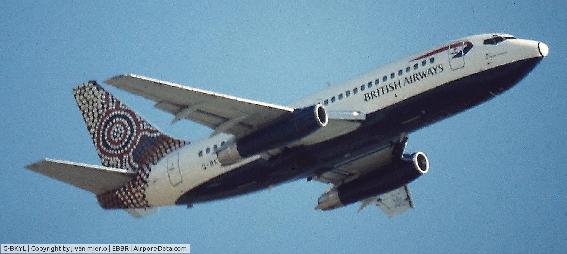 G-BKYL, 1985 Boeing 737-236 C/N 23170, Taking off from Brussels 25R scan slide, pre-digital quality