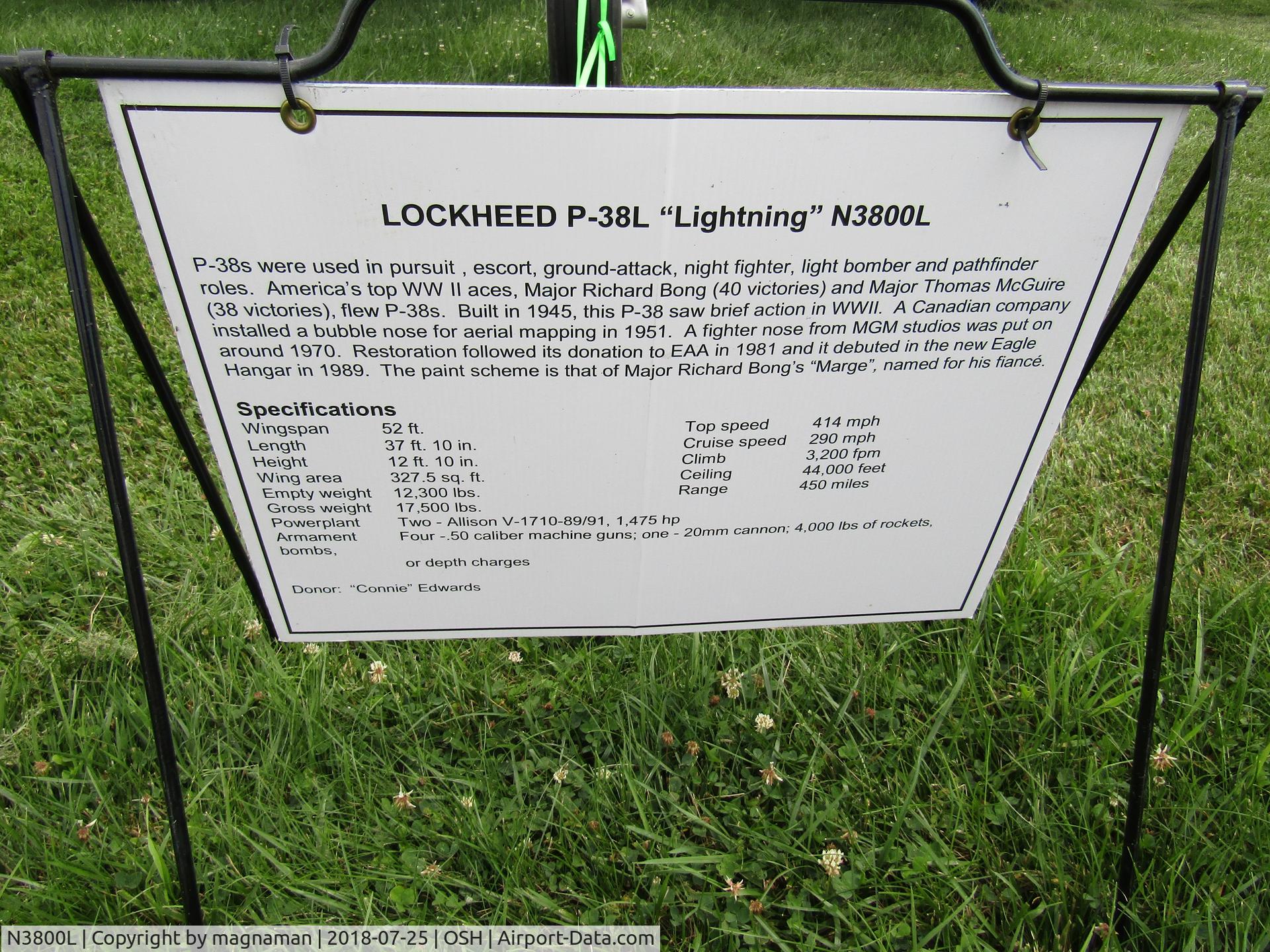 N3800L, 1945 Lockheed P-38L-5-LO Lightning C/N 422-8342, display board at EAA