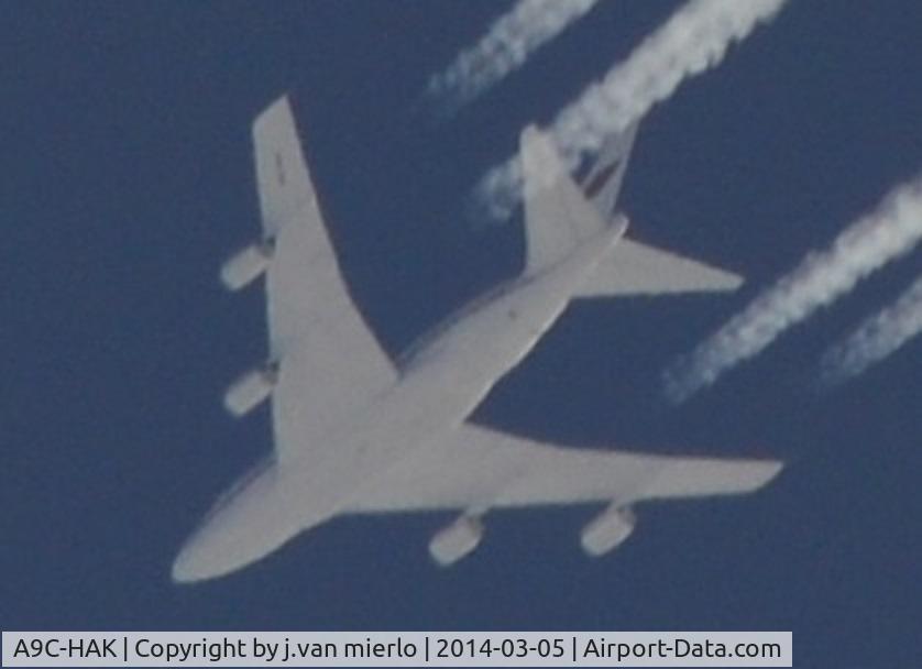 A9C-HAK, 1987 Boeing 747SP-Z5 C/N 23610/676, Over Ghent, Belgium heading W