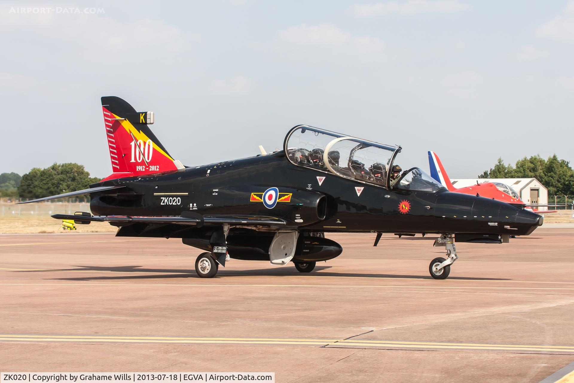 ZK020, 2009 British Aerospace Hawk T2 C/N RT011/1249, British Aerospace Hawk T2 ZK020/K 4 [Reserve] Sqd RAF, Fairford 18/7/13. 100th anniversary markings.