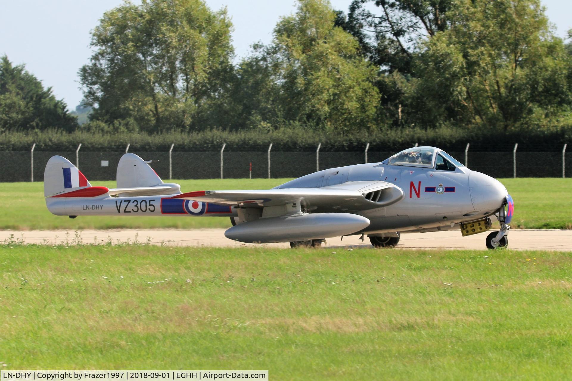 LN-DHY, 1952 De Havilland (FFA) DH-100 Vampire FB6 C/N 705, Backtracking ay Bournemouth Airport.