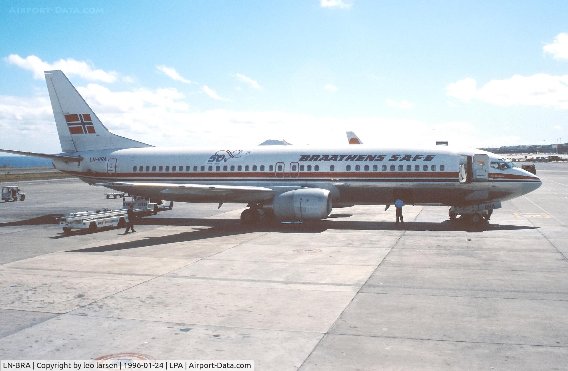 LN-BRA, 1989 Boeing 737-405 C/N 24270, Las Palmas 24.1.1996 with 50 th anniversary mark.