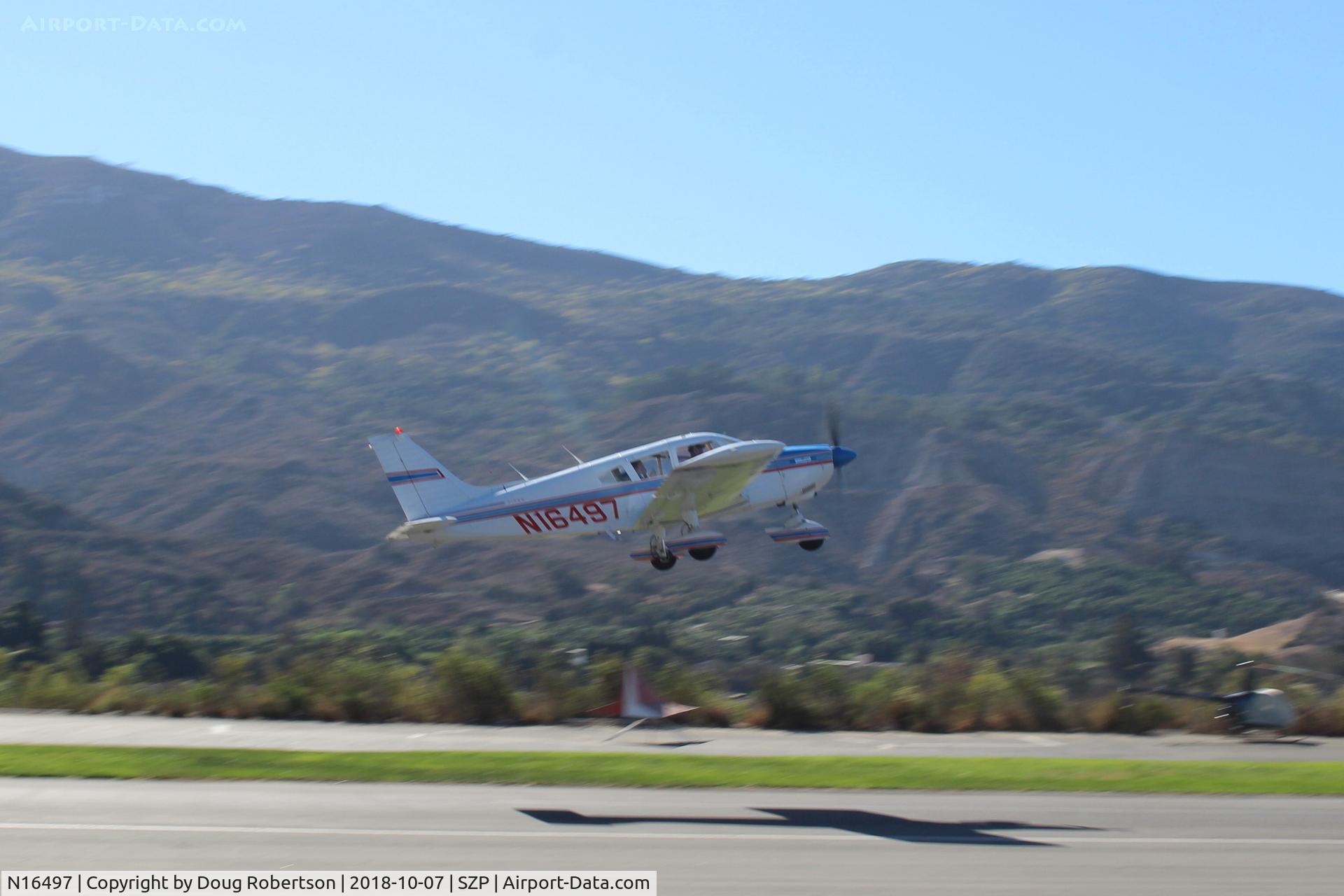 N16497, 1973 Piper PA-28-235 Cherokee Charger C/N 28-7310101, 1973 Piper PA-28-235 CHARGER, Lycoming O-540-D4B5 235 Hp, takeoff climb Rwy 22, Young Eagles Flight