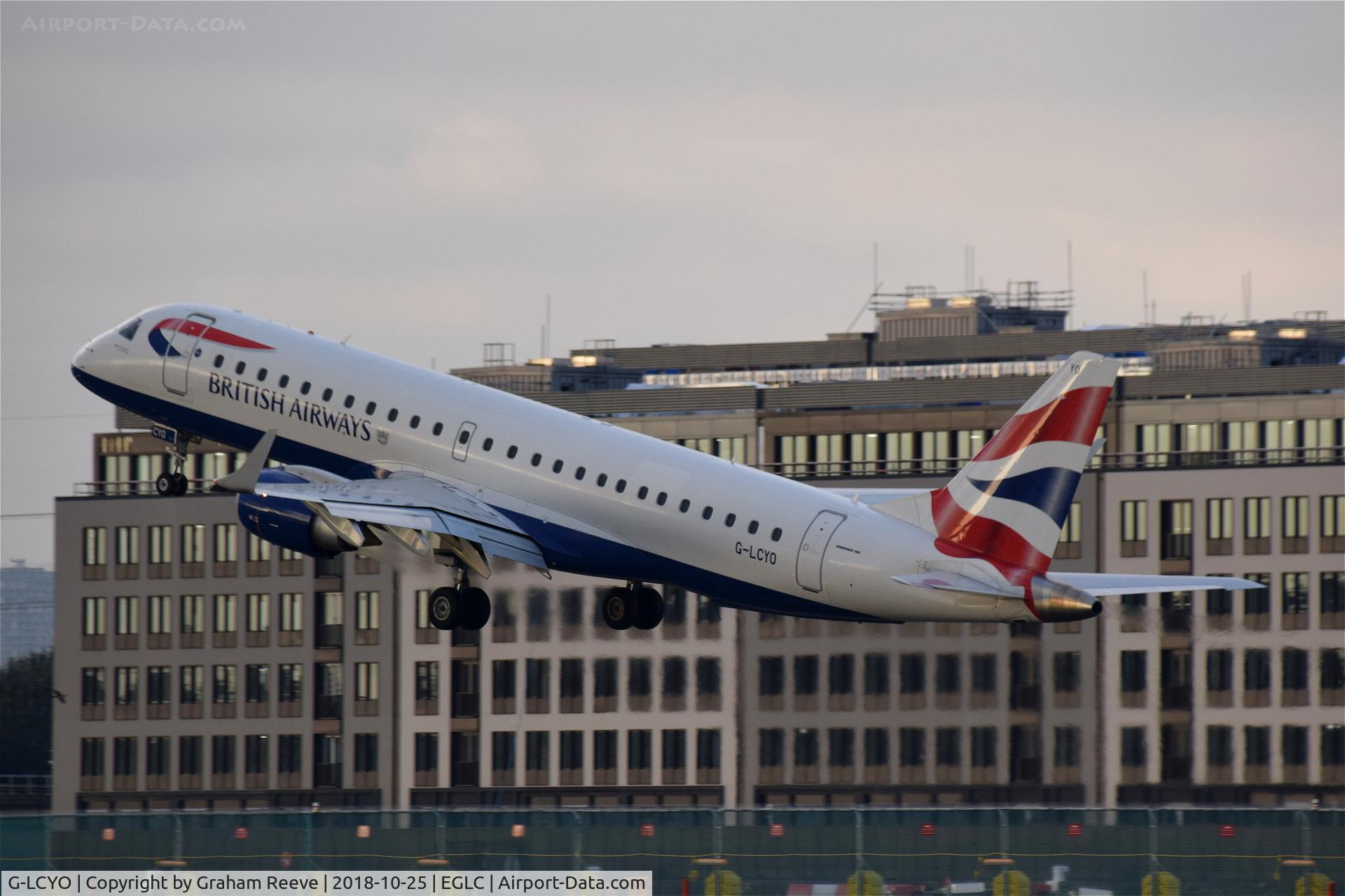 G-LCYO, 2011 Embraer 190SR (ERJ-190-100SR) C/N 19000430, Departing from London City Airport late in the afternoon.